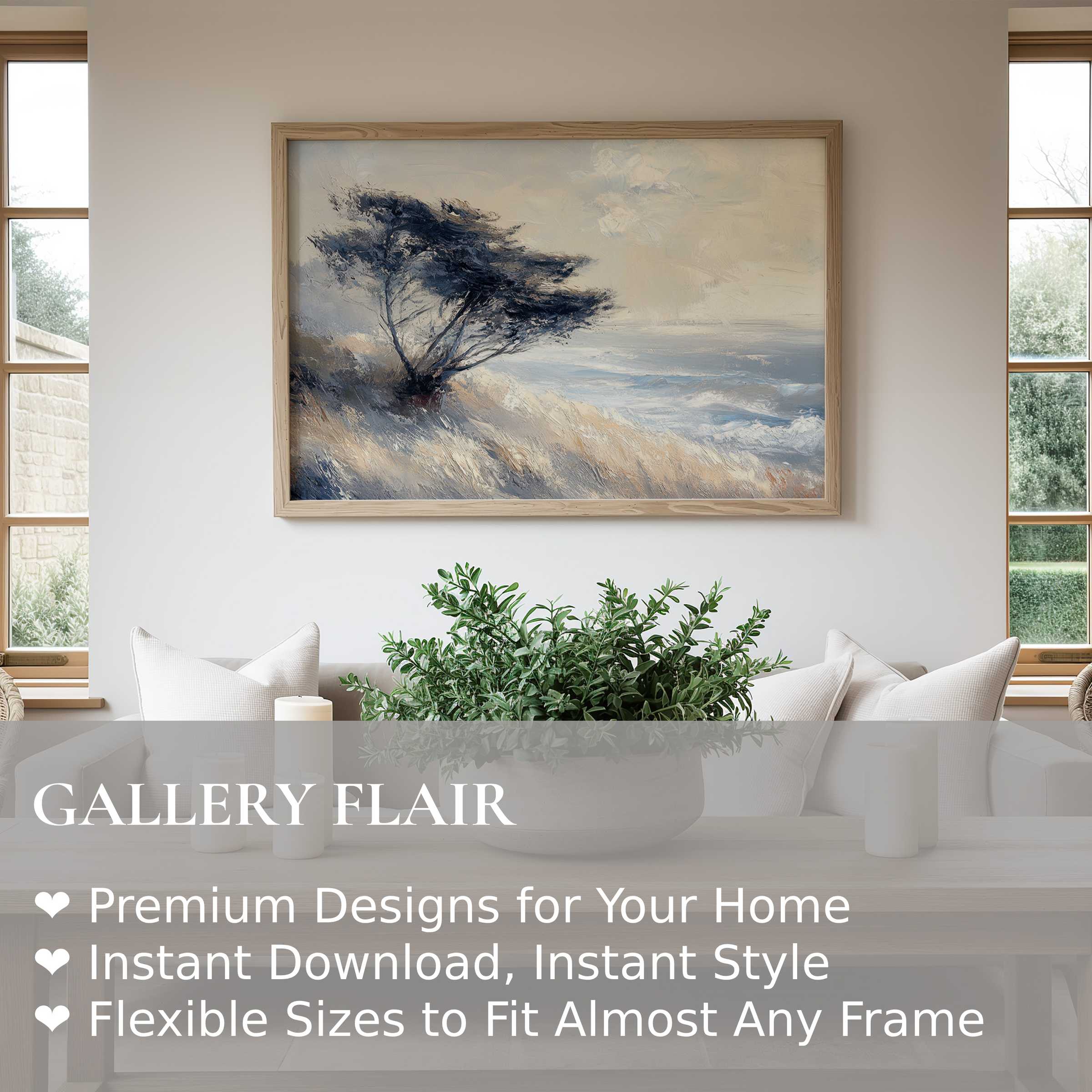 Serene coastal landscape Wall Art Print in soft neutrals and navy, framed in natural wood for modern elegance
