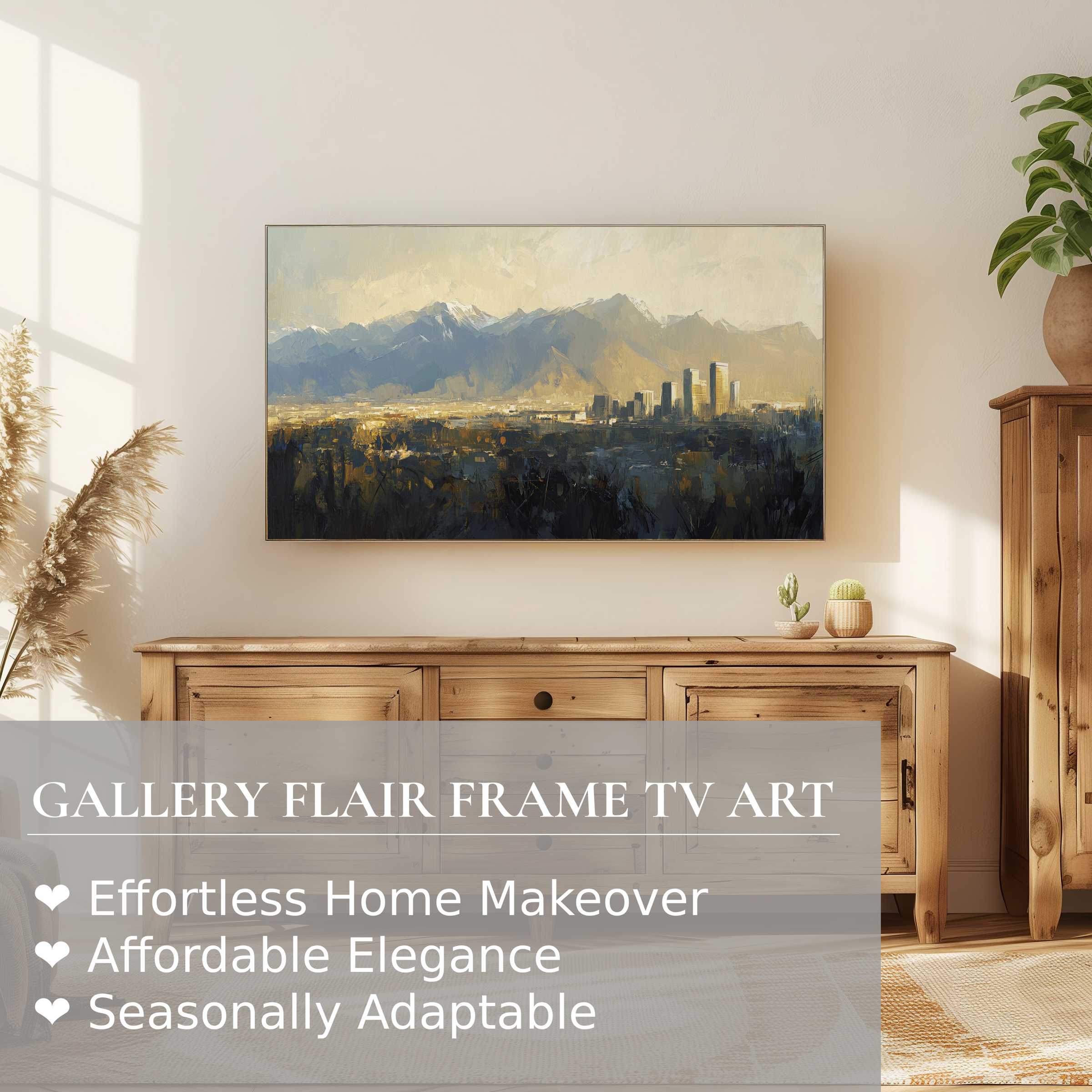 Refined modern living room with Samsung Frame TV showcasing muted impressionistic digital artwork