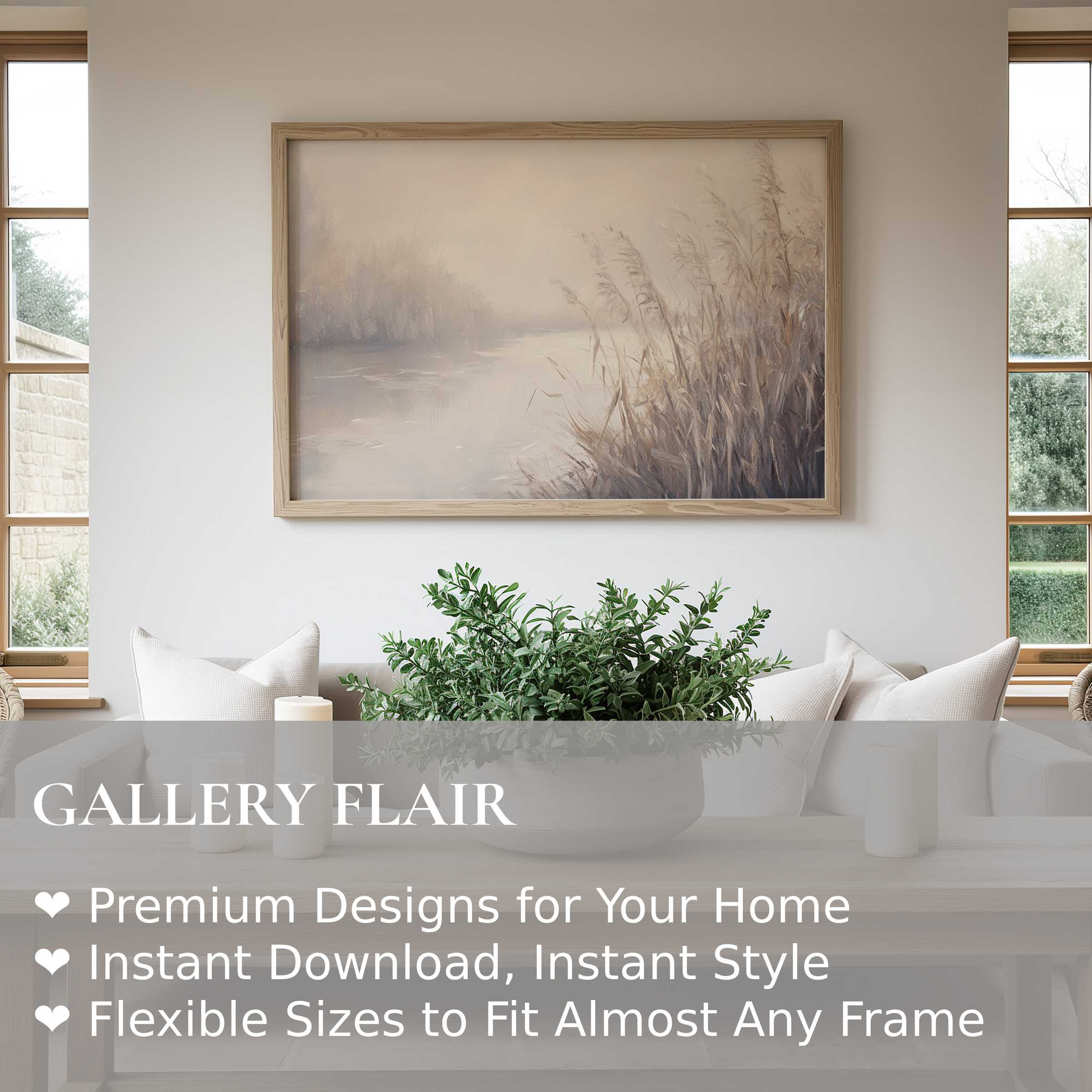 Serene muted landscape with soft brushstrokes above elegant seating; modern Wall Art Print for refined interiors