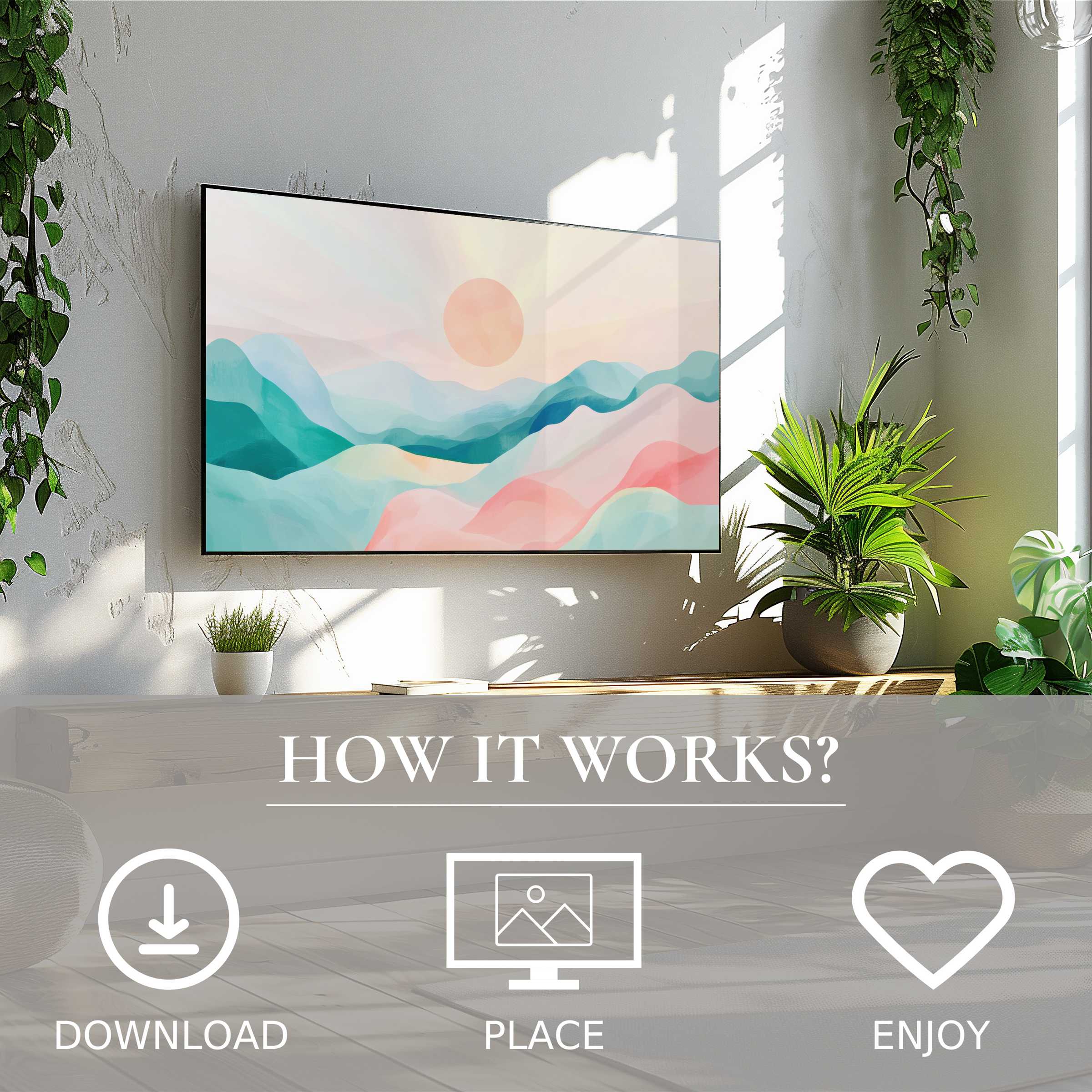 Modern art for Samsung TV shows soft sunset tones over layered hills, easy digital download enriches your stylish space