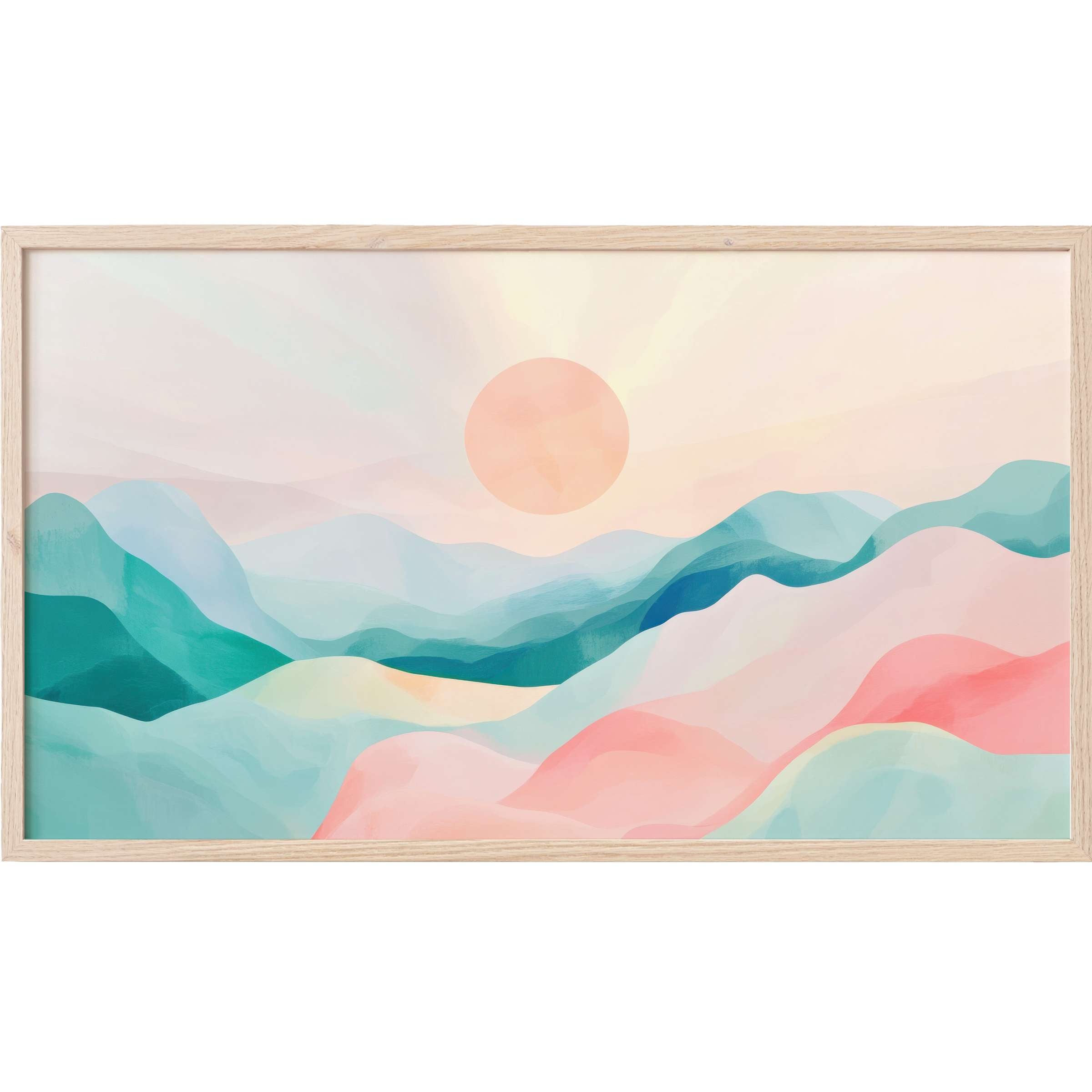 Soft pastel landscape with layered hills and a warm sun, a serene modern Frame TV Art for stylish interiors