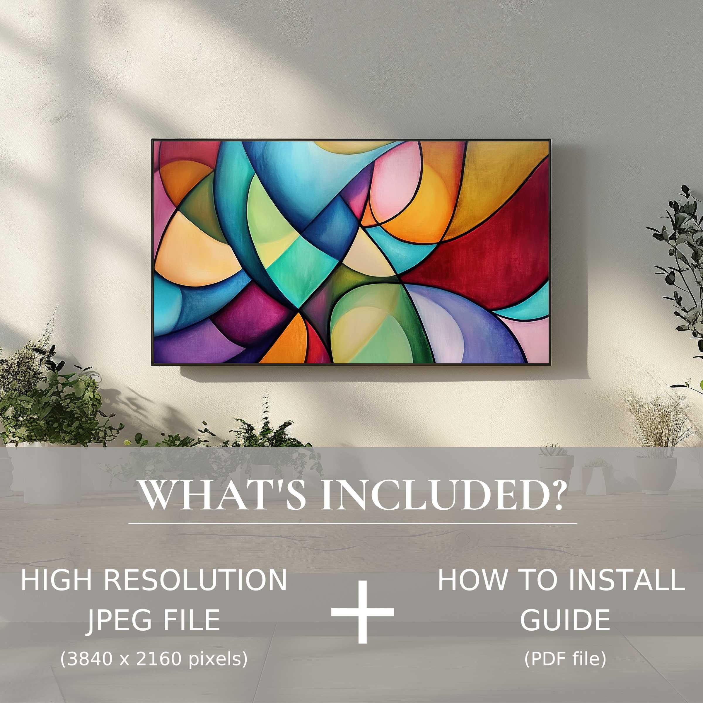 Modern living room with vibrant abstract digital TV art download, enhancing space with easy digital use and style