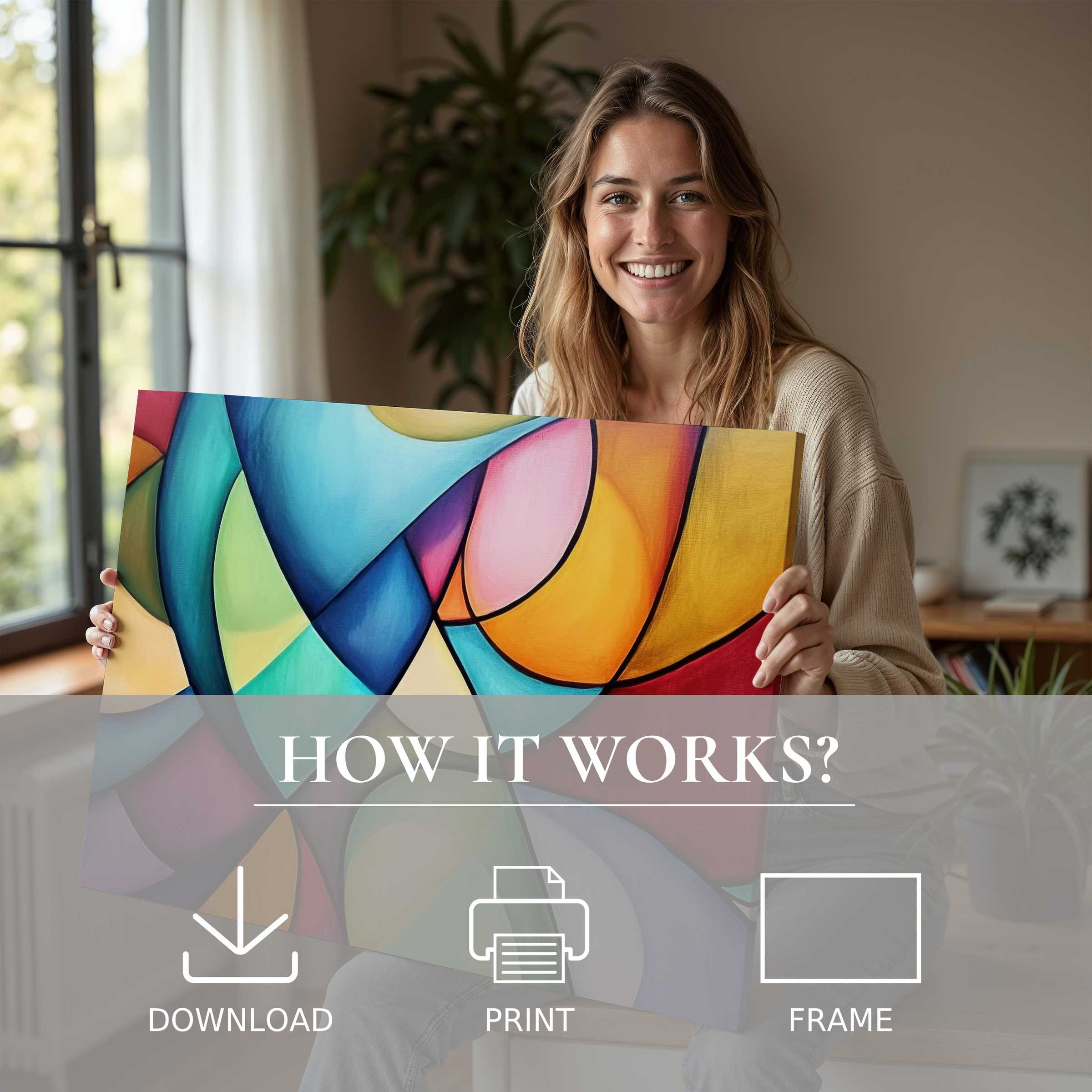 A serene moment in a modern home, where vibrant abstract digital art print brings joy and effortless elegance to living spaces