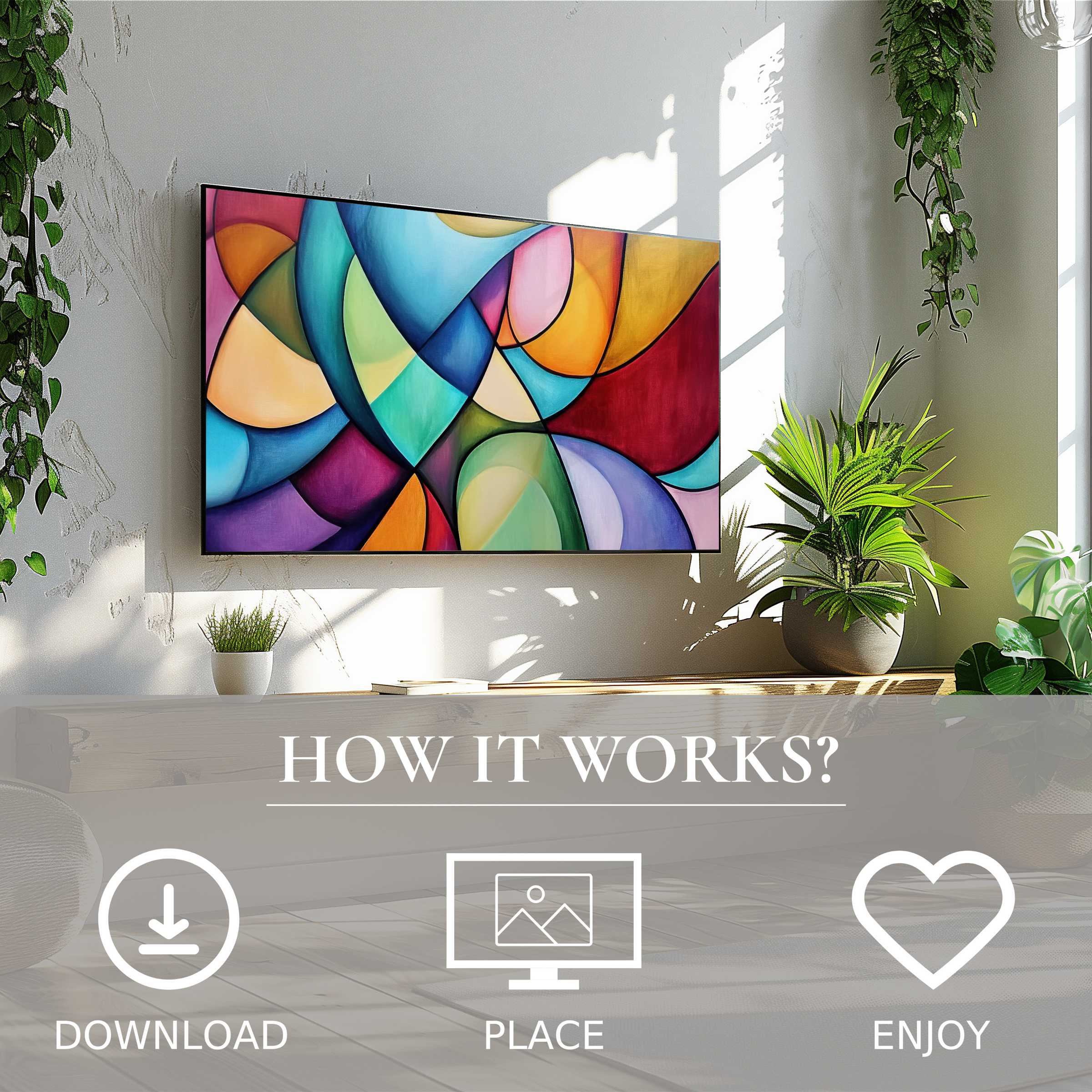 Abstract art for Samsung TV with vibrant color flow, easy digital download enriching modern living spaces