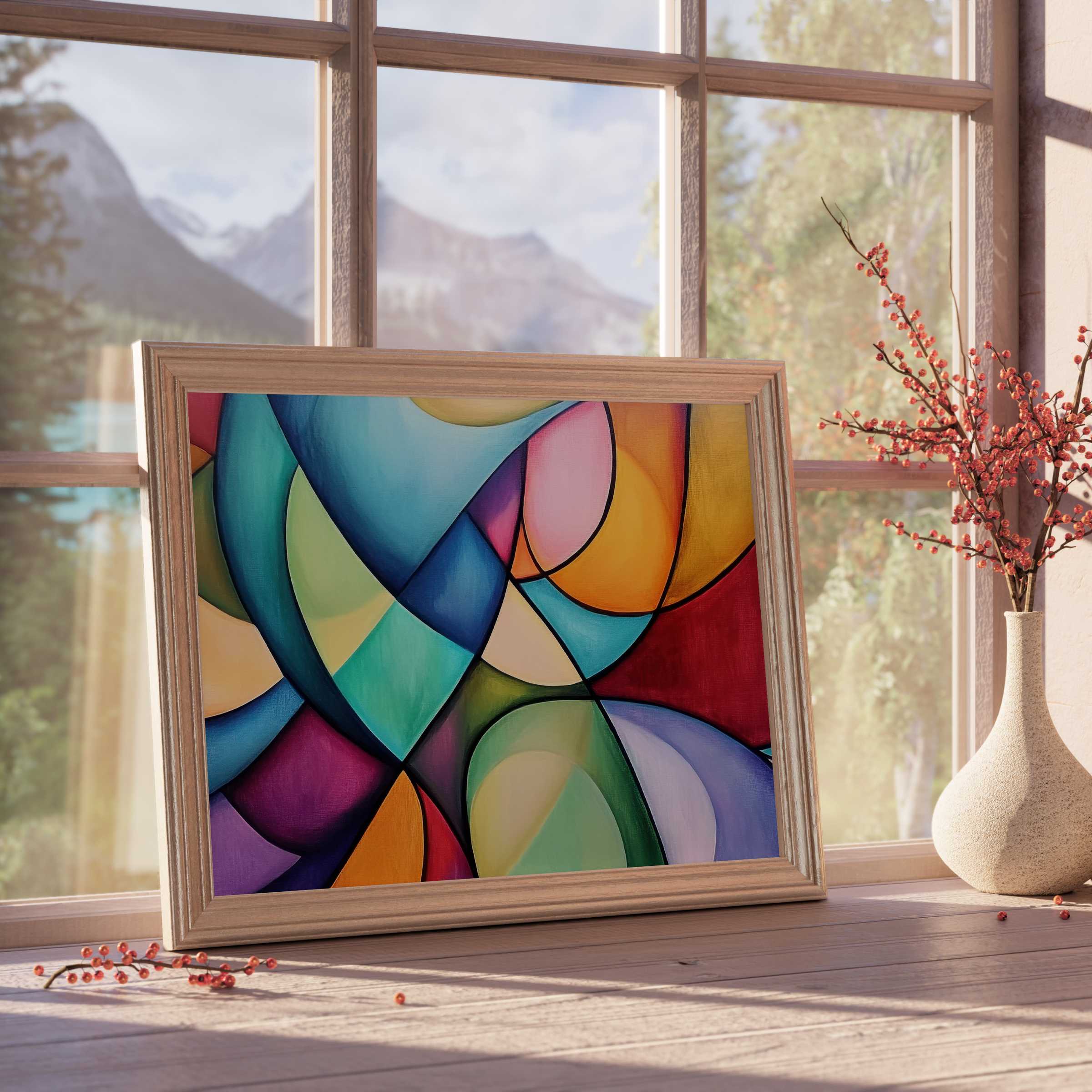 Vibrant abstract downloadable art in rich hues, elevating curated interiors with dynamic flow and contemporary elegance
