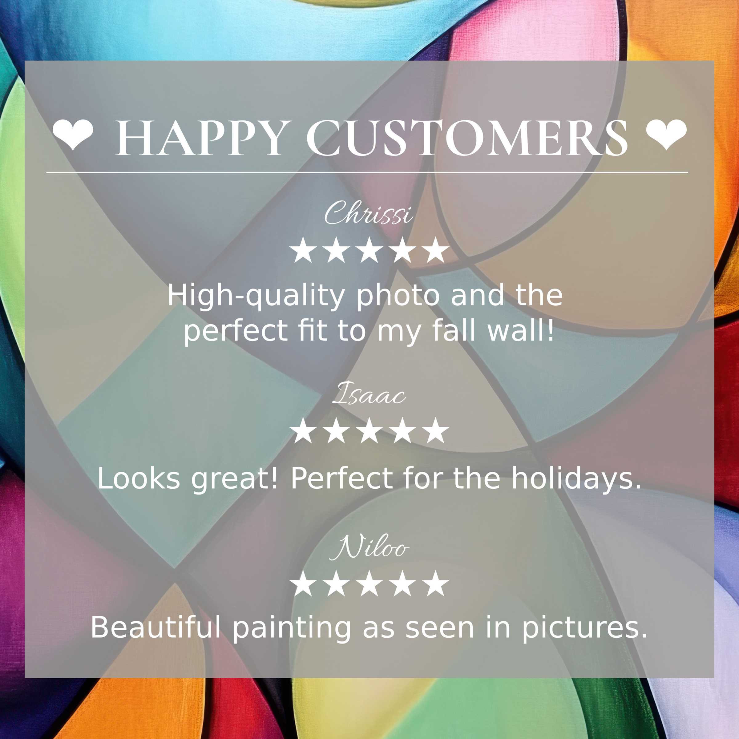 Abstract art for Frame TV with vibrant curved shapes; layout showcases happy customer reviews and elegant style