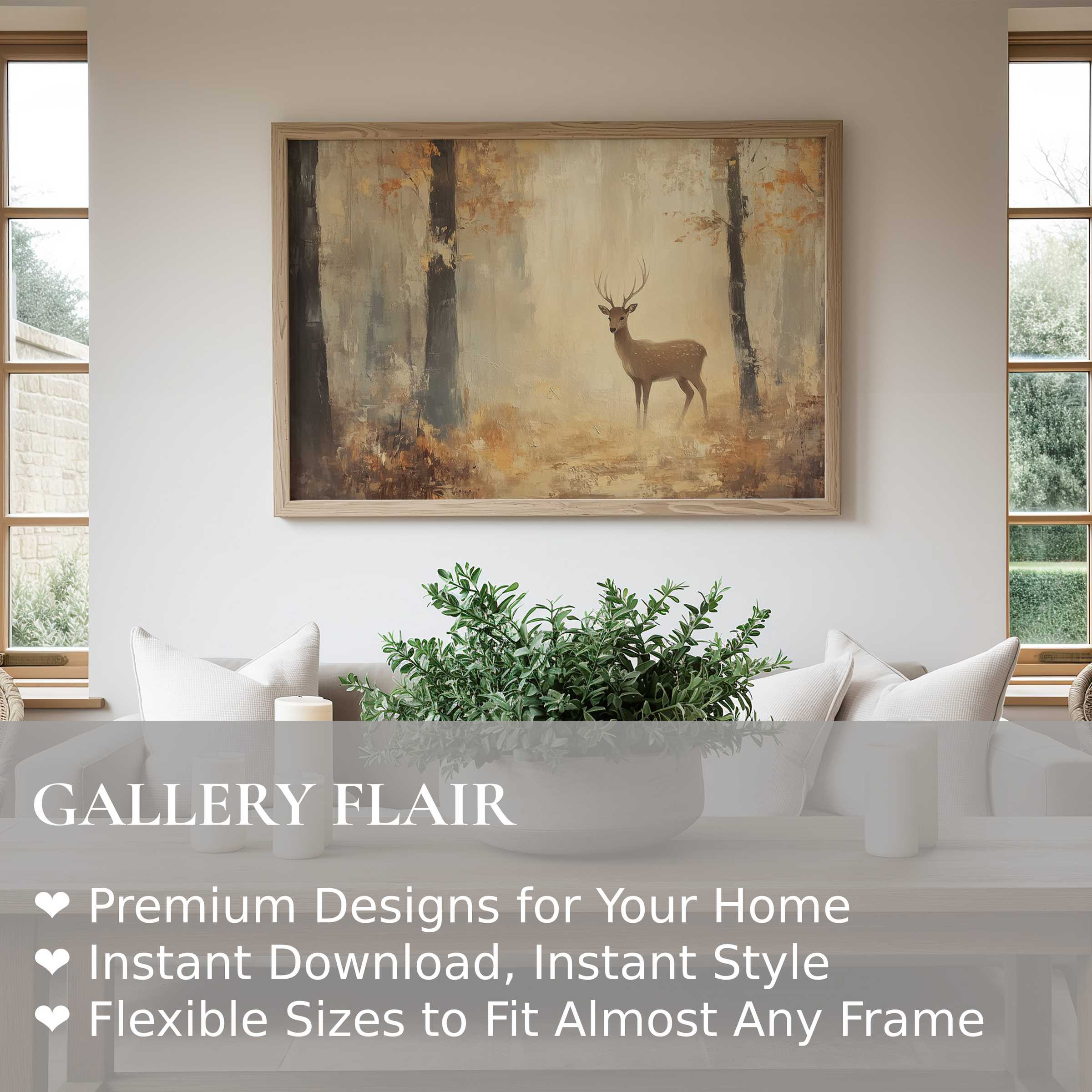 Fall wall art print featuring a serene deer in a misty forest, radiating warmth and elegance in a modern, minimalist living space