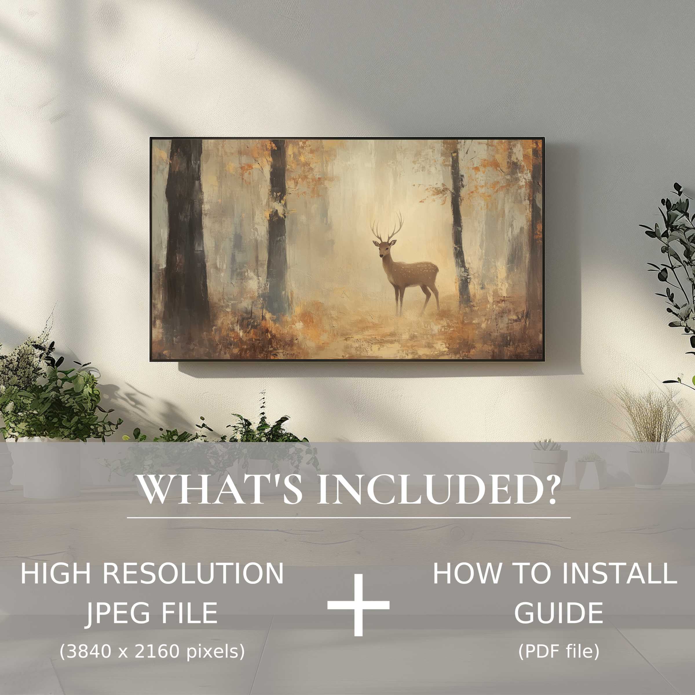 Elegant fall digital TV art download featuring serene deer scene, easy use enhances stylish living spaces effortlessly