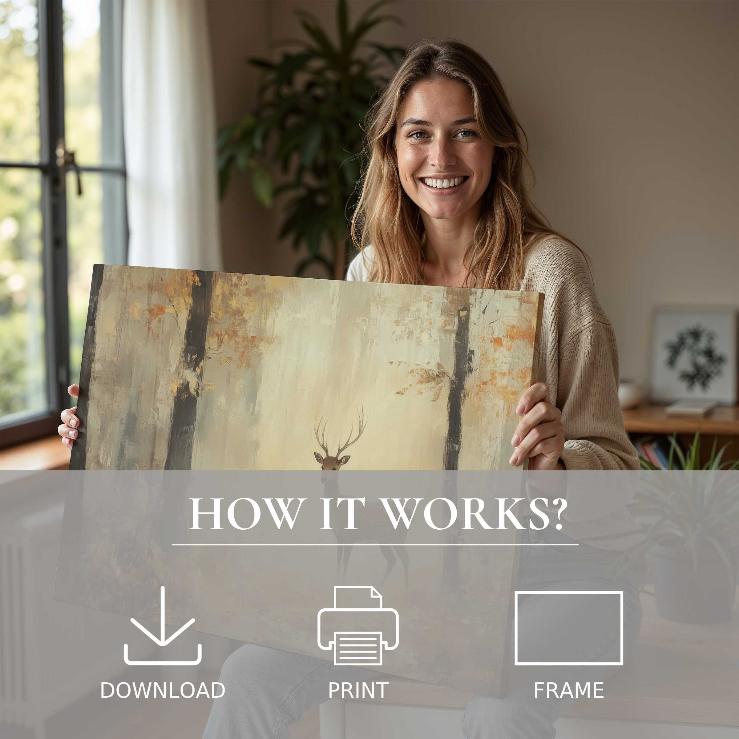 Radiant fall digital art print embraced in a sunlit modern home, evoking warmth, connection, and effortless style