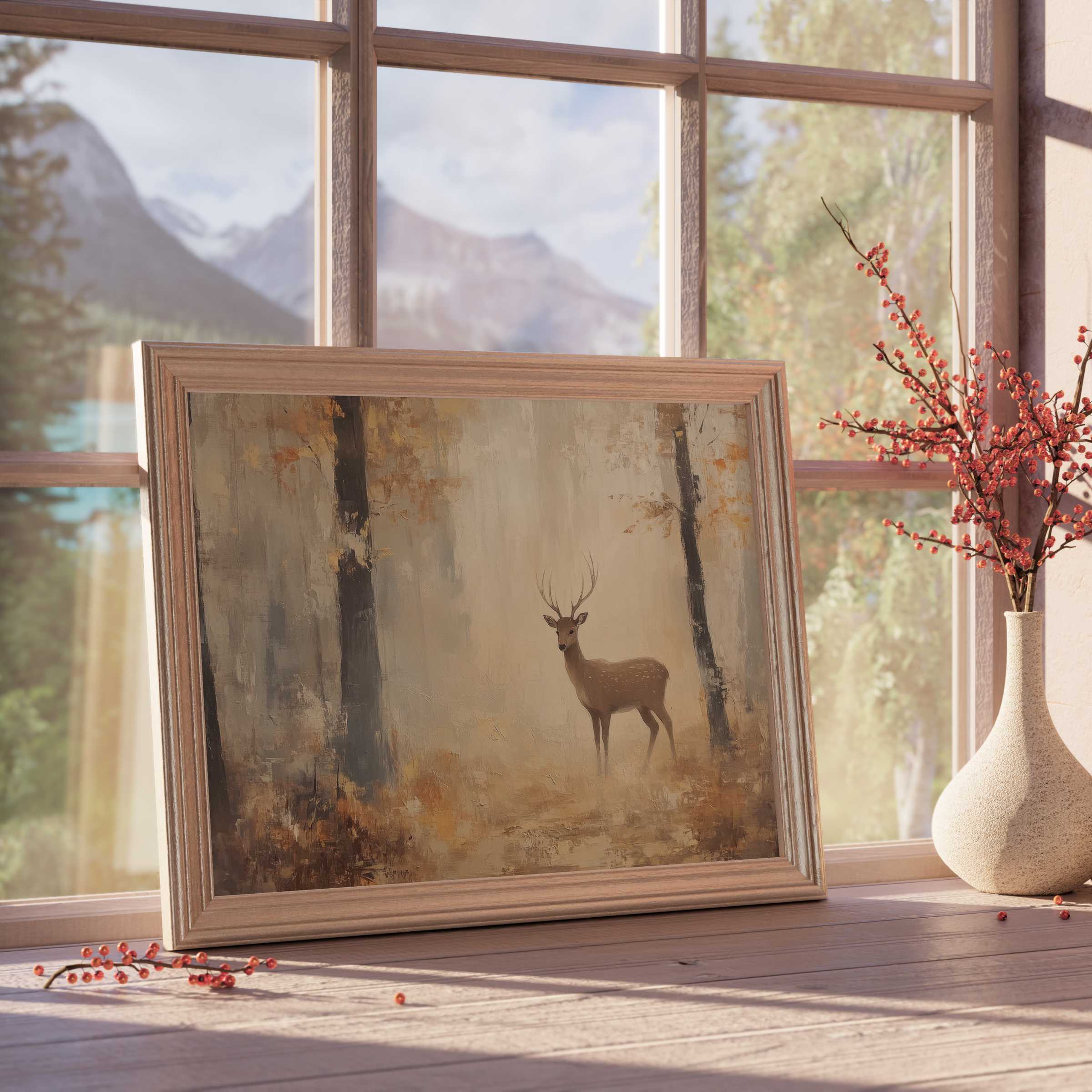 Fall downloadable art capturing a serene deer in misty woods, elevating tranquil, nature-inspired premium interiors