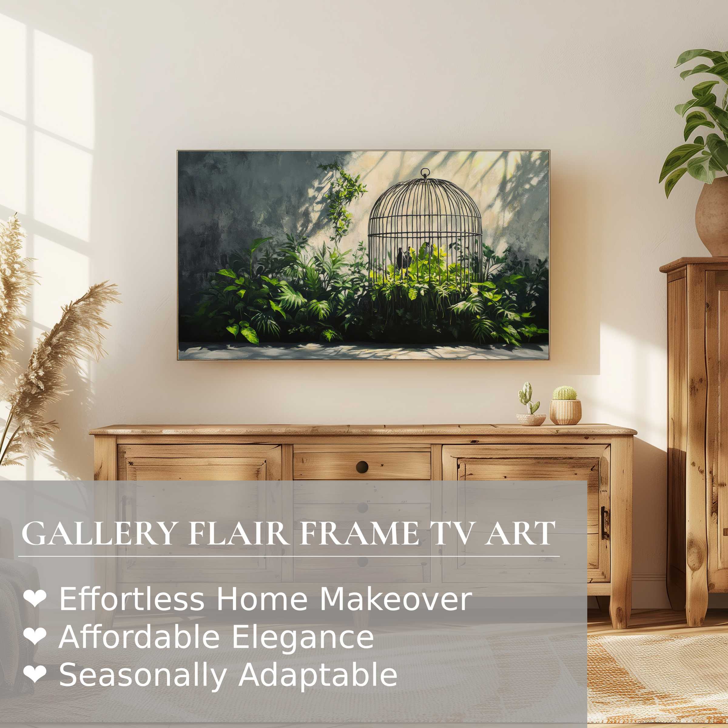 Modern Samsung Frame TV in a serene setting showcasing street art digital artwork of a birdcage and lush greenery