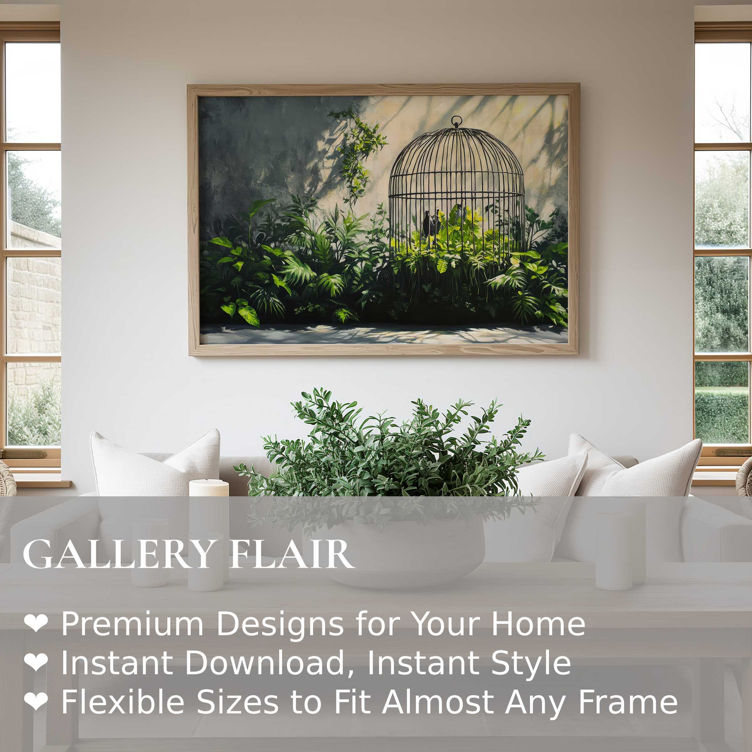 Street art wall art print featuring lush greenery and a silhouetted birdcage, adding bold, natural elegance to modern living spaces