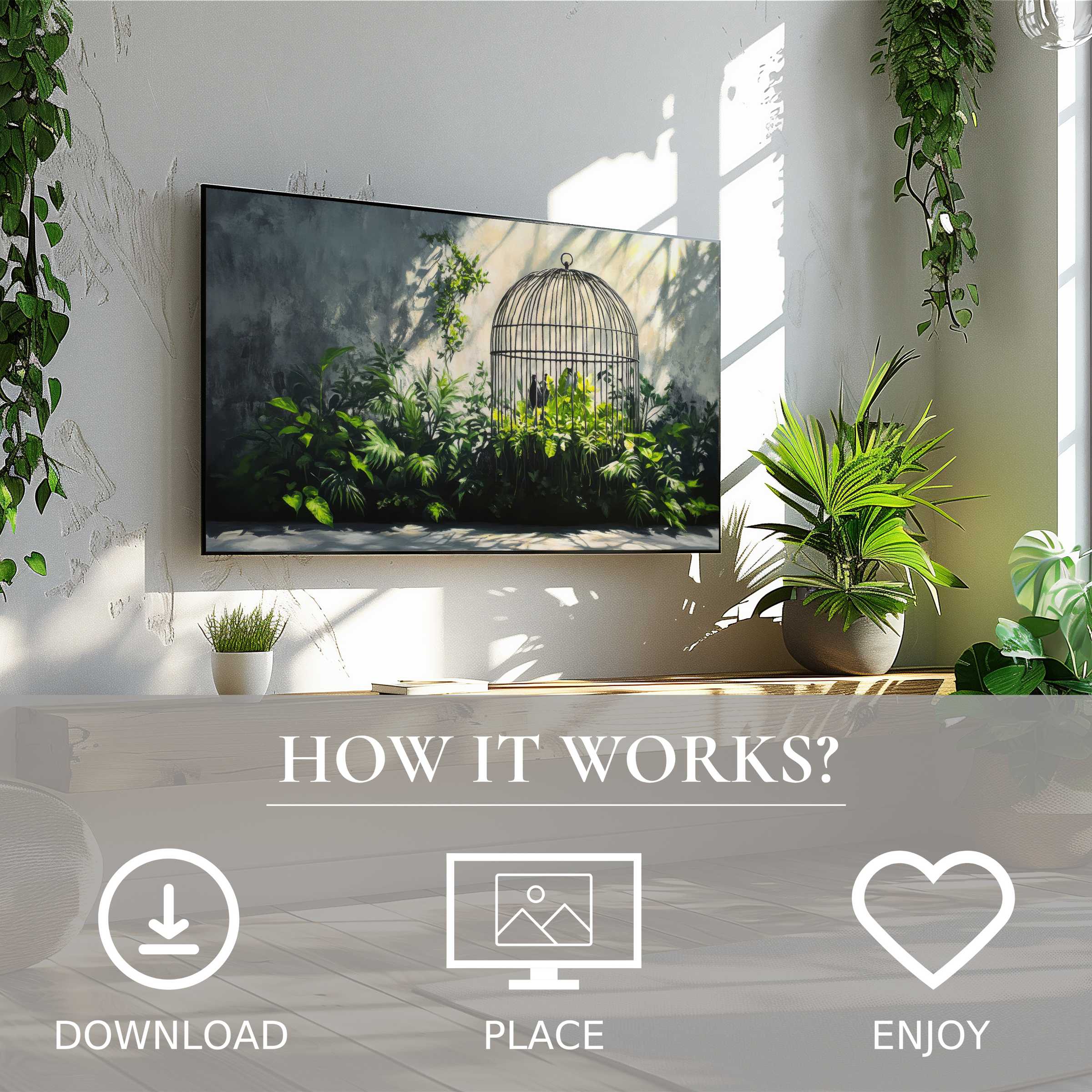 Modern living space with street art for Samsung TV showing lush green cage motif; easy digital download enriches decor