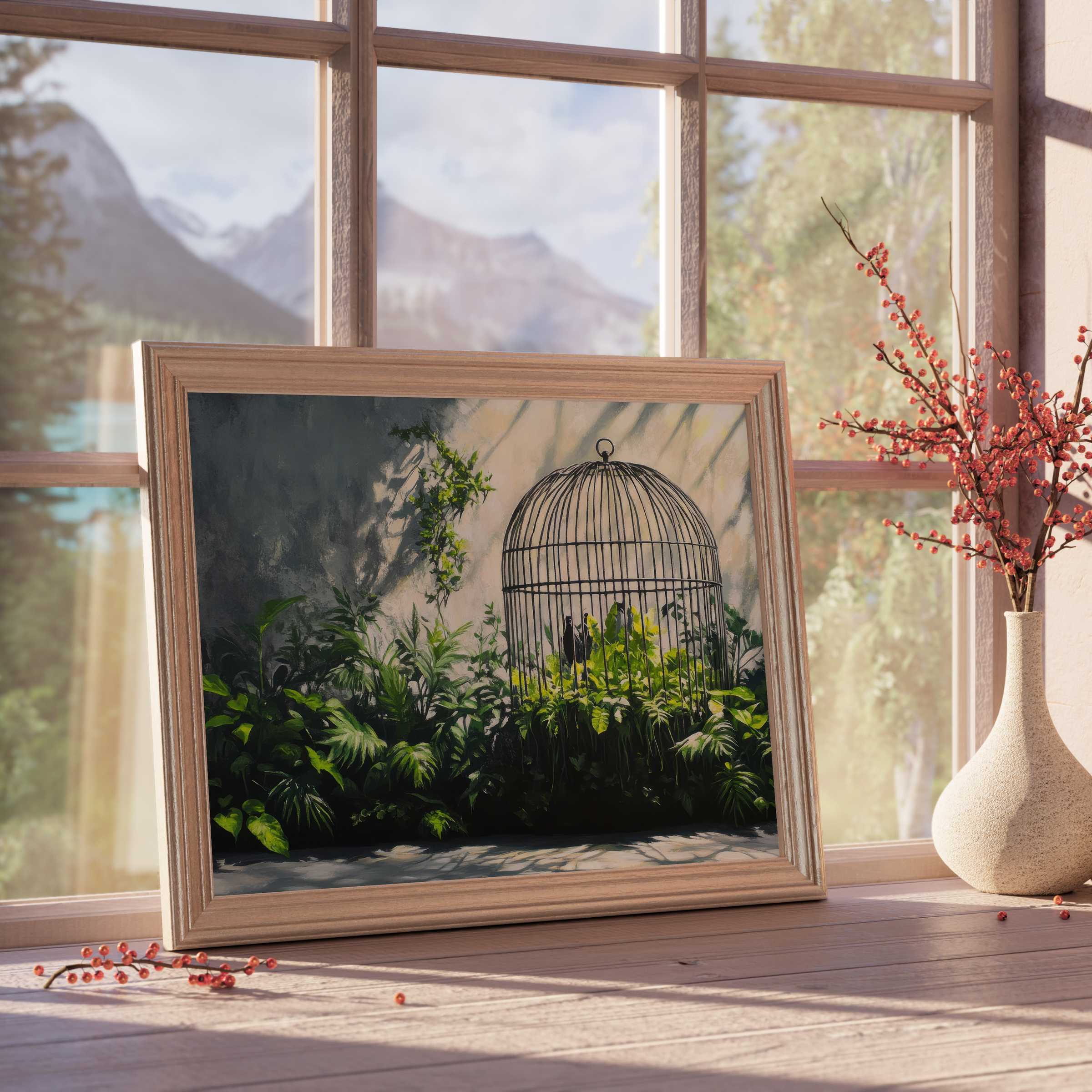 Lush greenery entwined with a delicate birdcage blends nature and urban edge in this street art downloadable art, perfect for curated, tranquil interiors