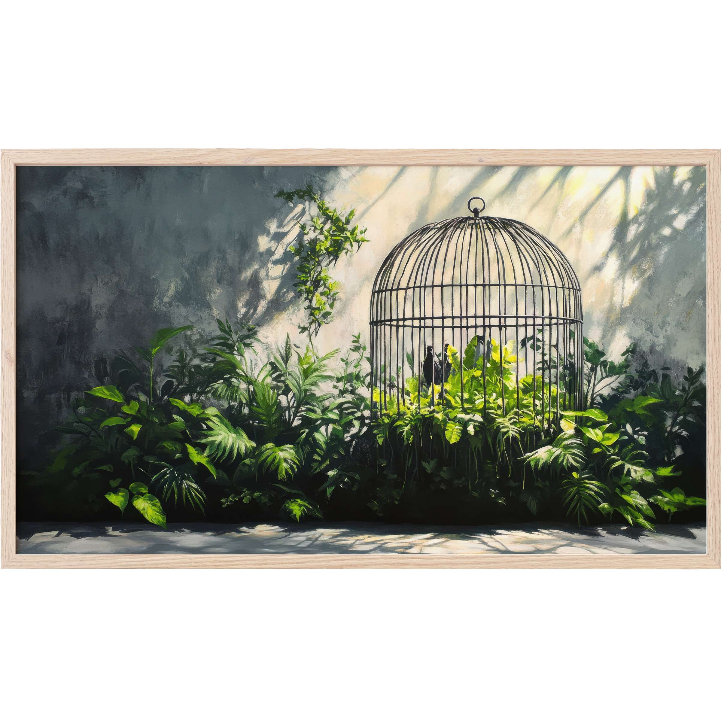 Lush green foliage bathed in soft light behind a delicate cage, showcasing serene street art Frame TV Art