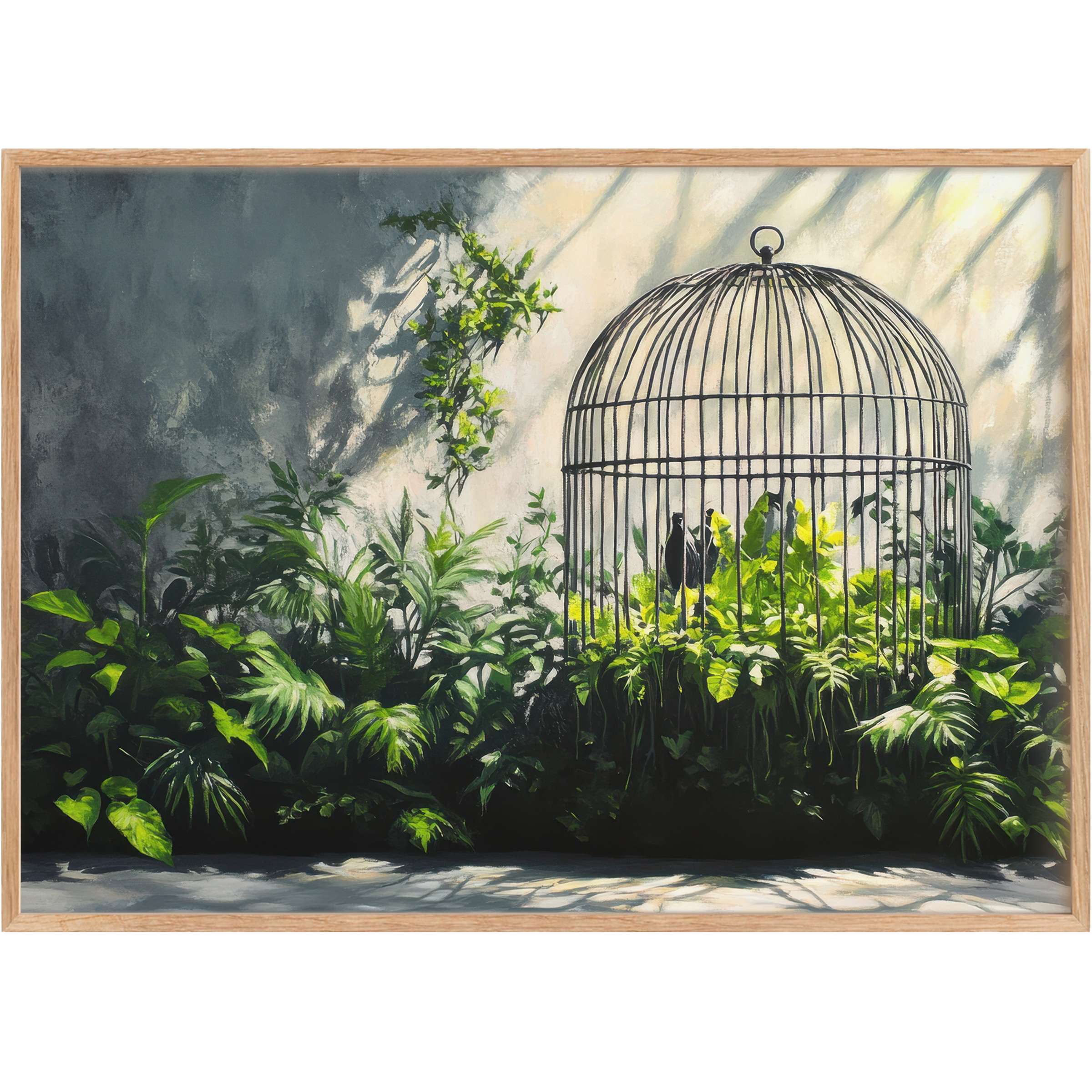 Lush greens bathed in soft sunlight contrast with delicate shadows in this street art printable wall art, evoking a serene, contemplative mood