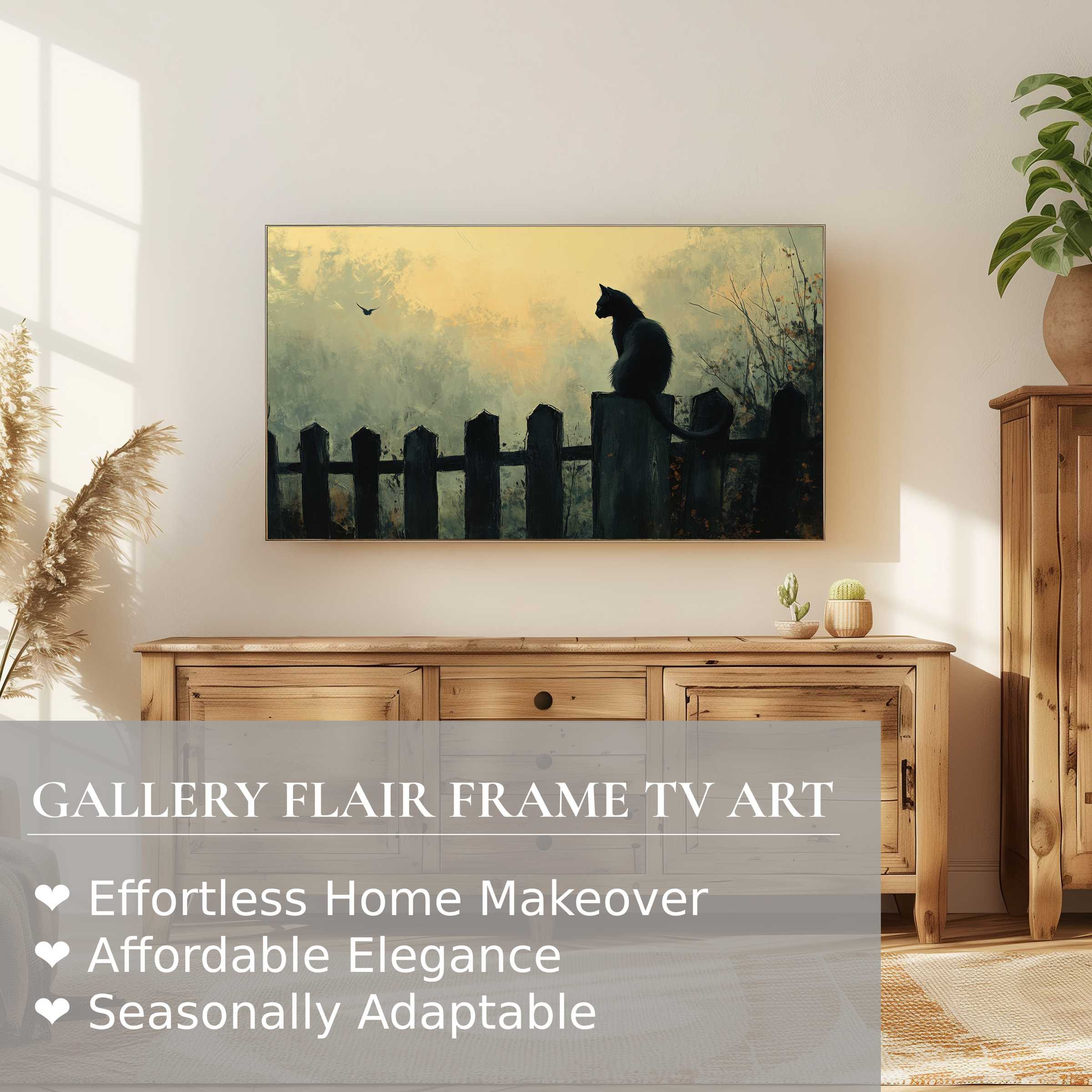 Samsung Frame TV displaying elegant halloween digital artwork of a black cat on a fence at dusk in modern decor