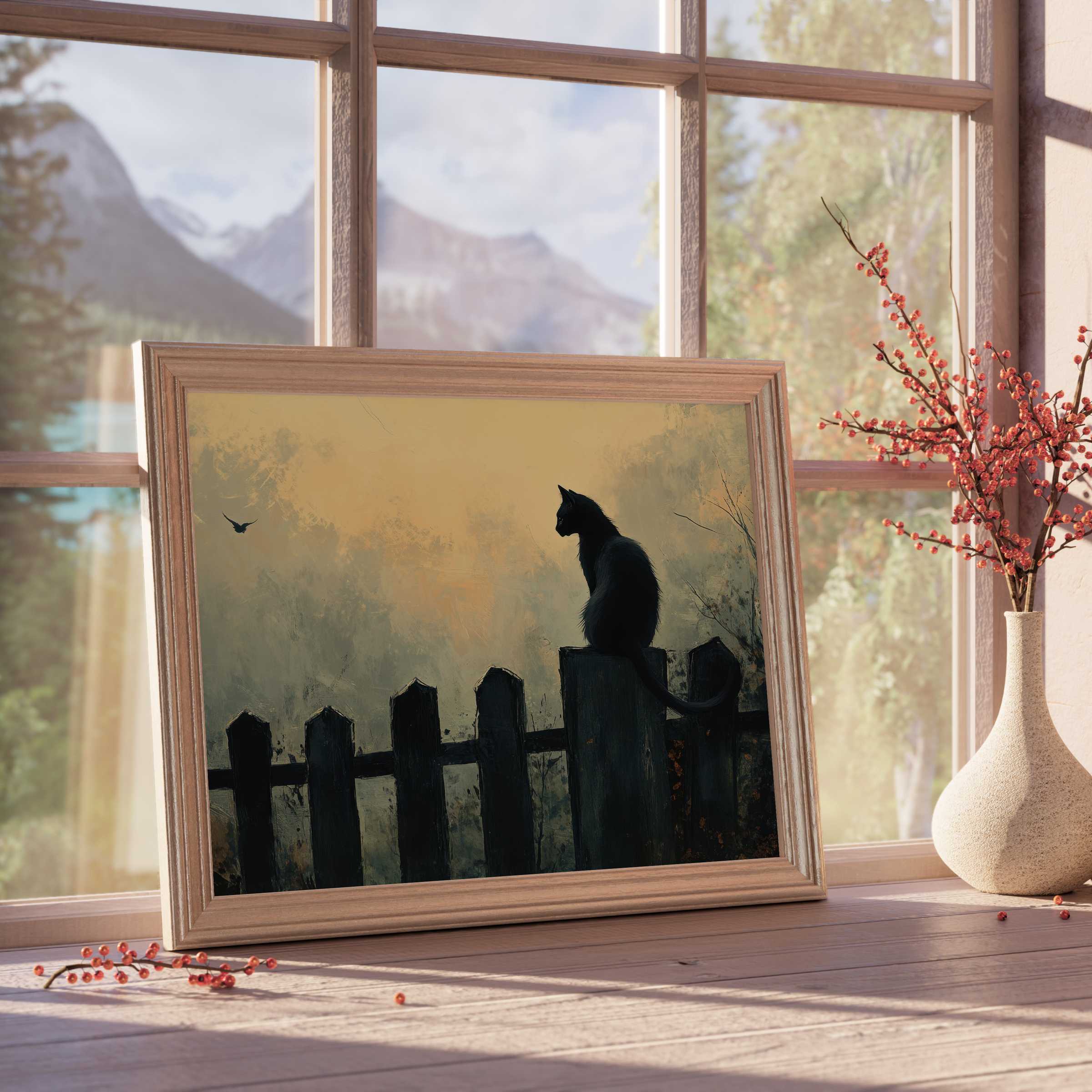 Halloween downloadable art featuring a sleek black cat poised on a rustic fence, radiating mysterious charm and serene autumnal elegance for curated, tranquil interiors