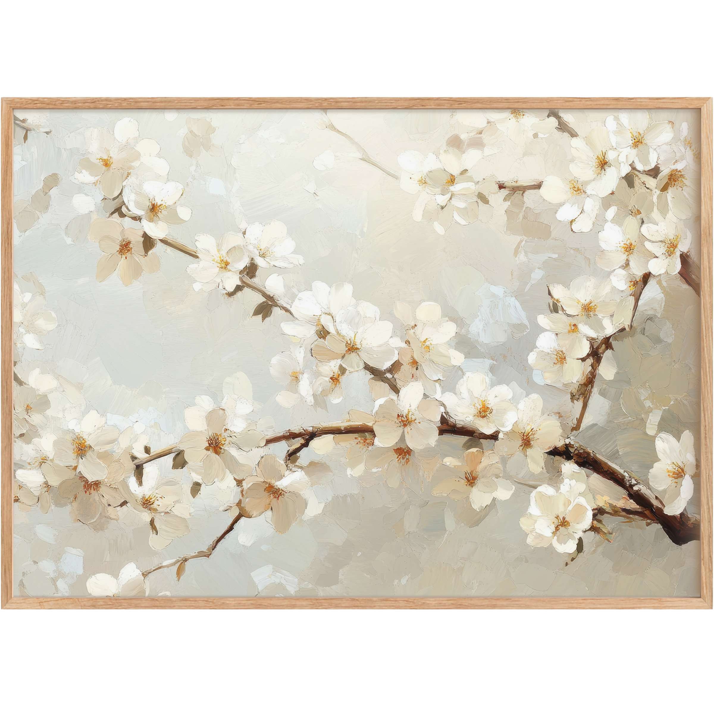 Elegant tree printable wall art with delicate white blossoms, evoking a serene, airy ambiance in soft beige and cream tones