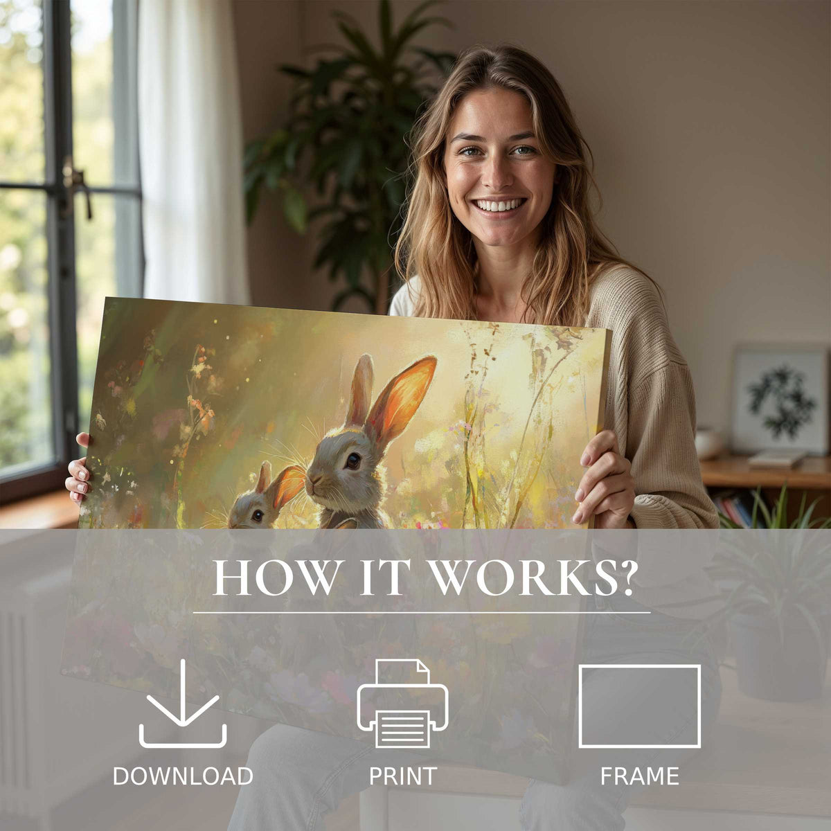 Warm sunlight bathes a modern home as a woman reveals an Easter digital art print, blending tender connection and effortless elegance