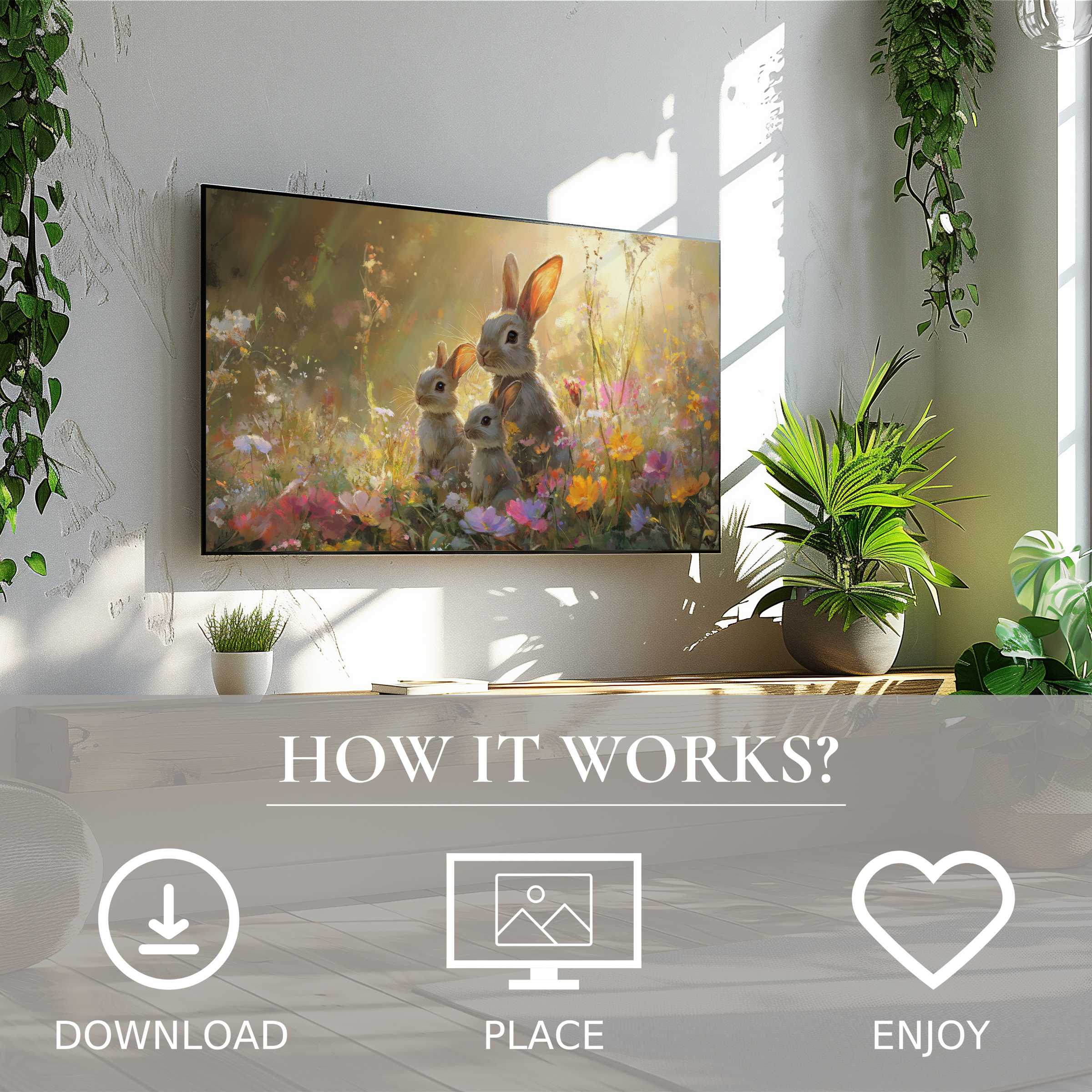 Cozy room with easter art for Samsung TV showing soft sunset tones and bunnies, easy digital download enriches space