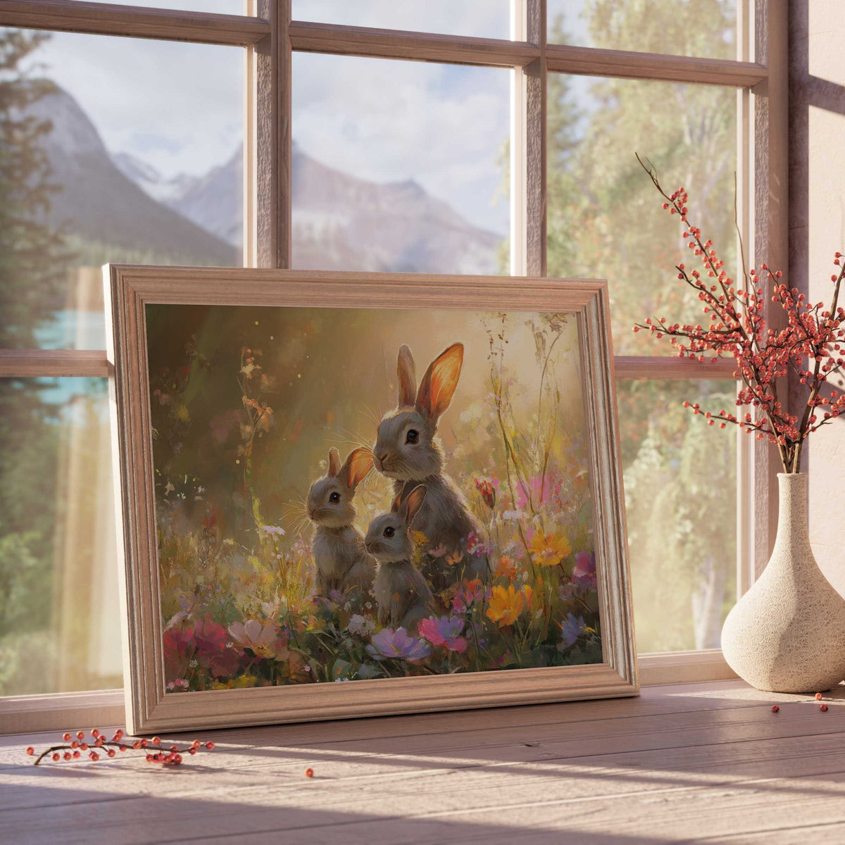Easter downloadable art featuring serene rabbits in a vibrant wildflower meadow, elevating tranquil, nature-inspired interiors