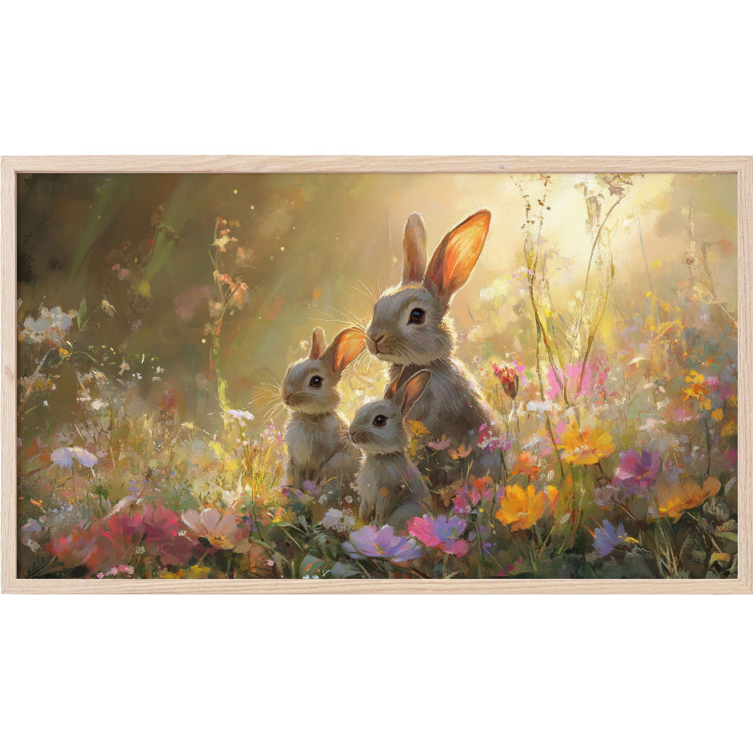 Elegant easter Frame TV Art featuring three soft rabbits bathed in warm light amid vibrant, pastel wildflowers
