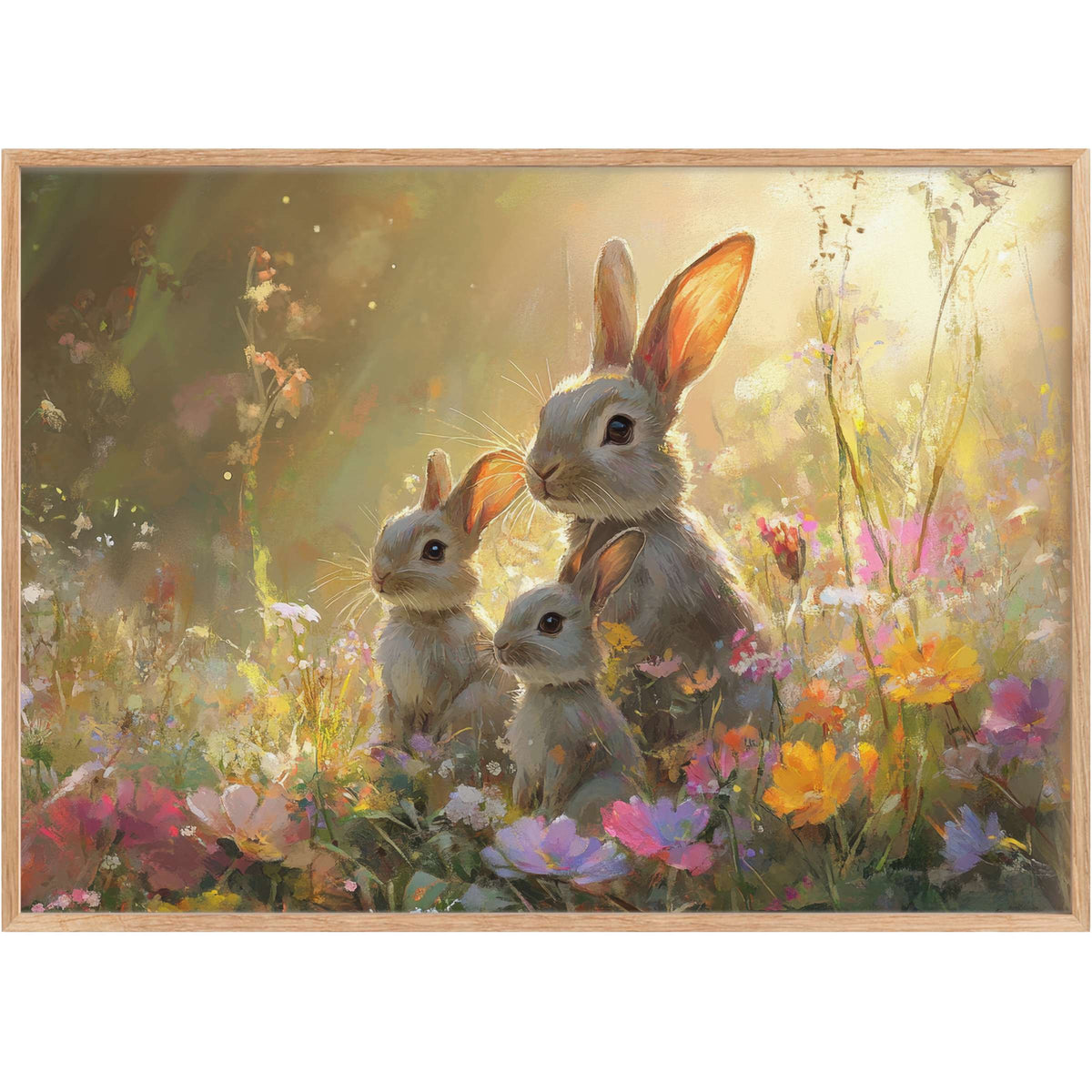 Easter printable wall art featuring a serene trio of rabbits bathed in golden light, surrounded by vibrant wildflowers