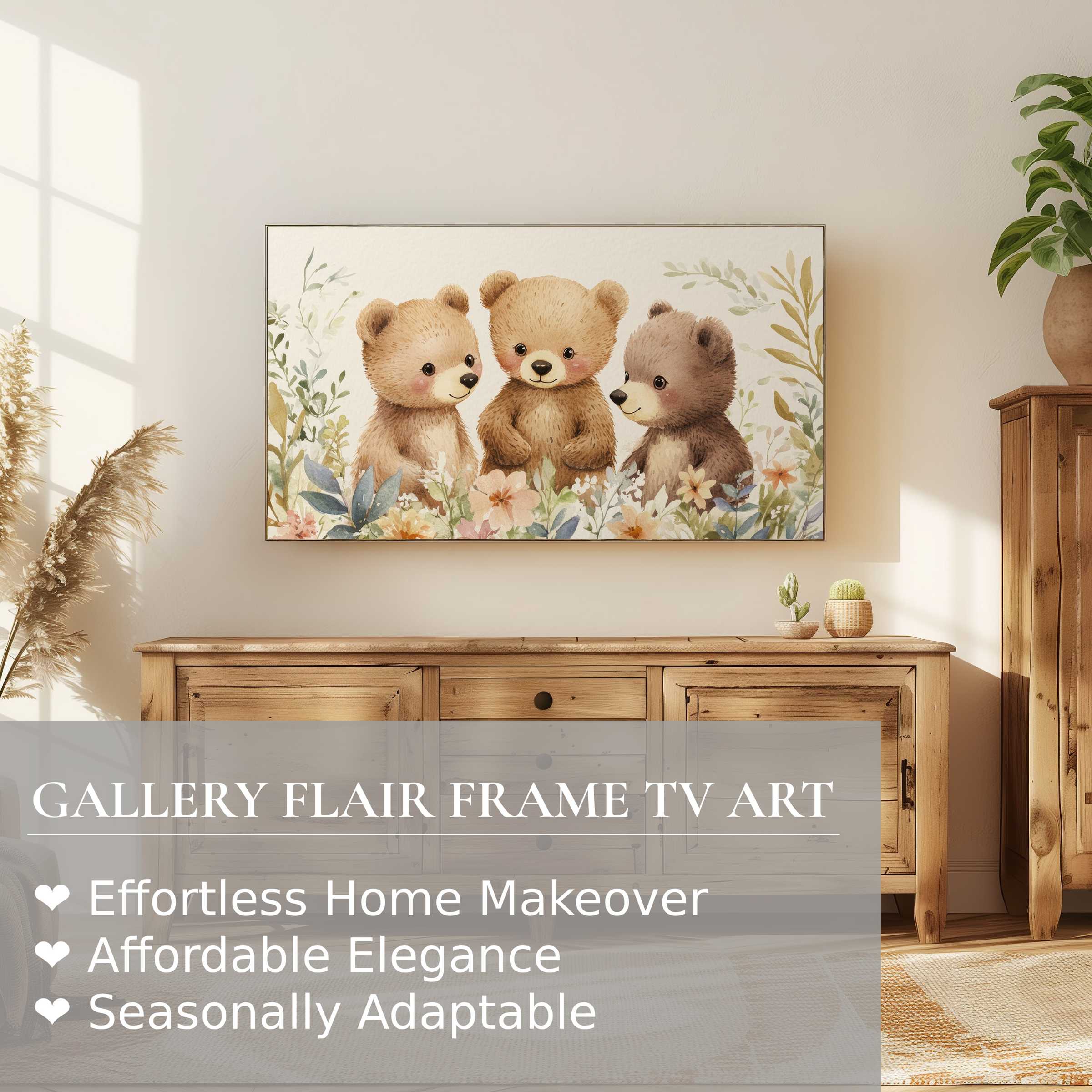 Modern nursery digital artwork of three bears in florals displayed on Samsung Frame TV in elegant home setting