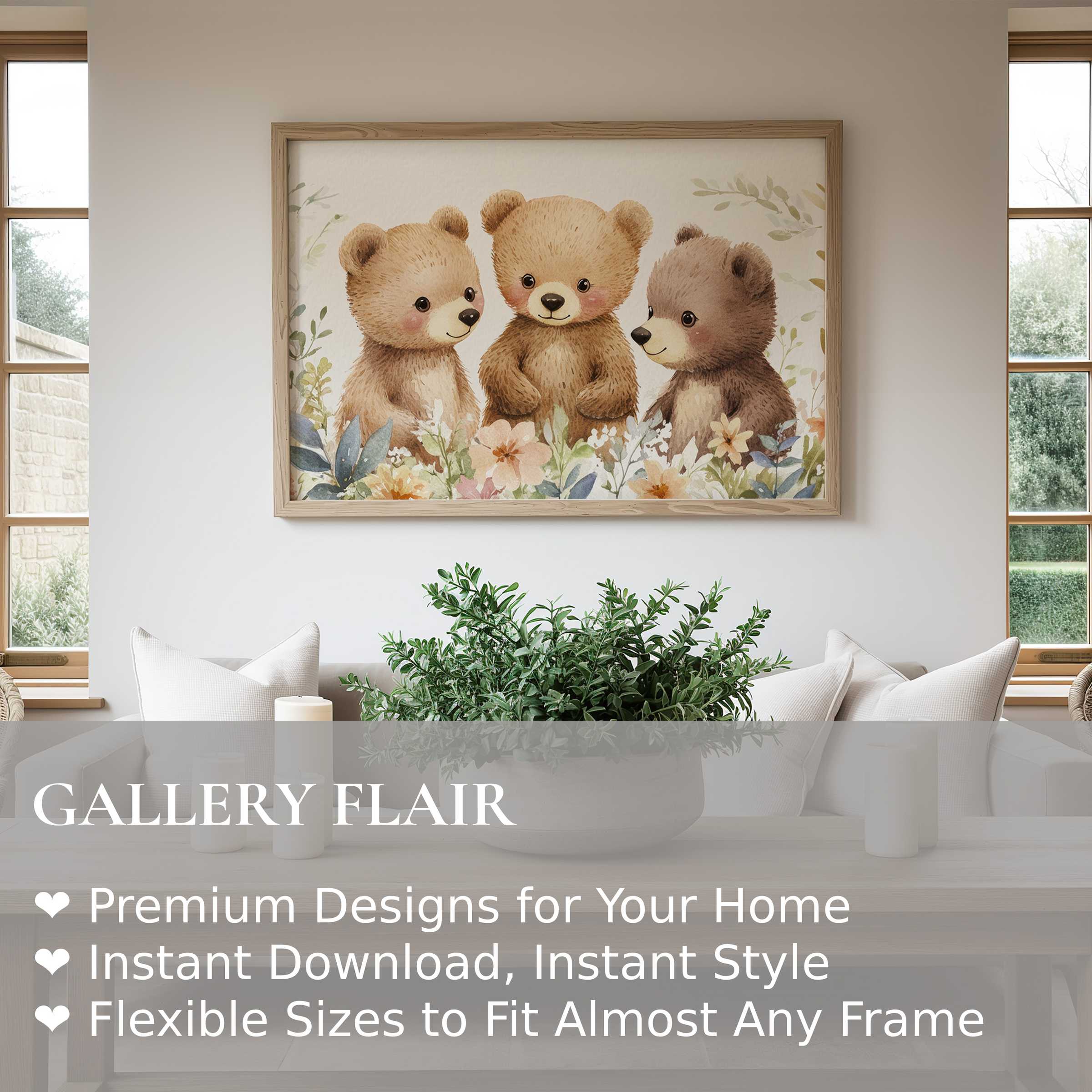 Nursery wall art print featuring three charming bears in soft pastels, enhancing a serene, modern nursery with gentle, calming warmth