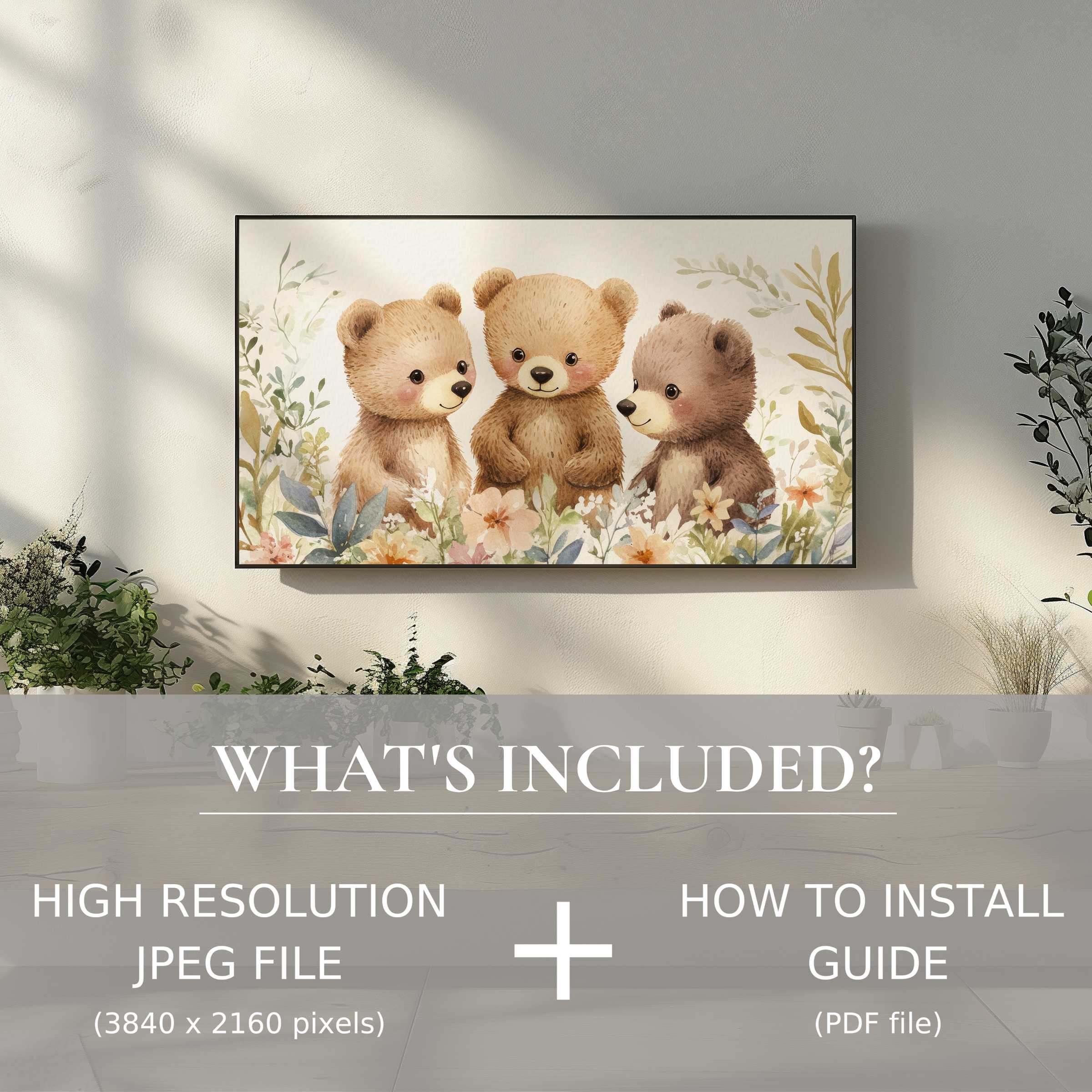 Elegant nursery digital TV art download with adorable bears, easy digital use enhances any stylish living space