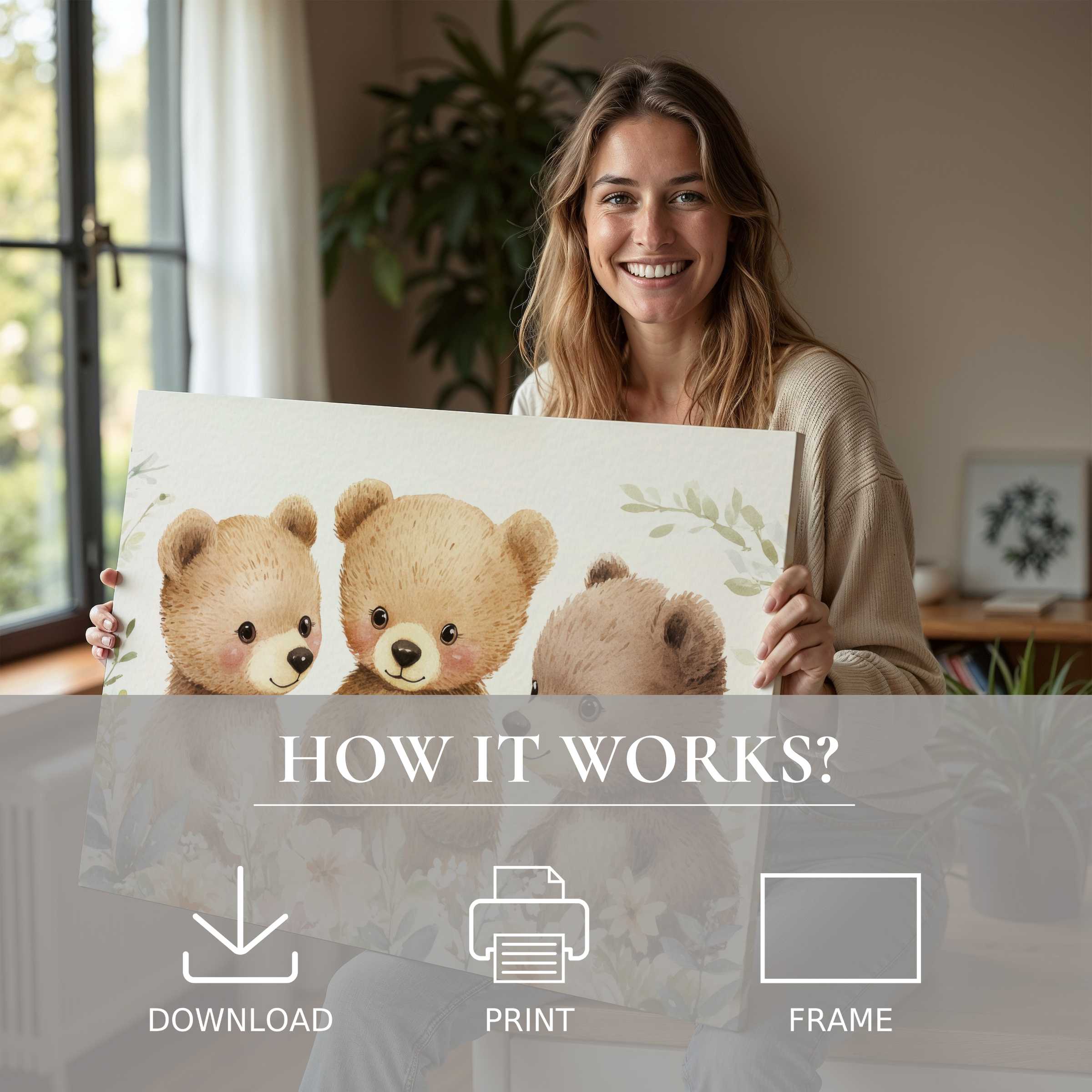 A serene moment embracing a nursery digital art print with gentle, warm tones that transform any space into a joyful, stylish haven