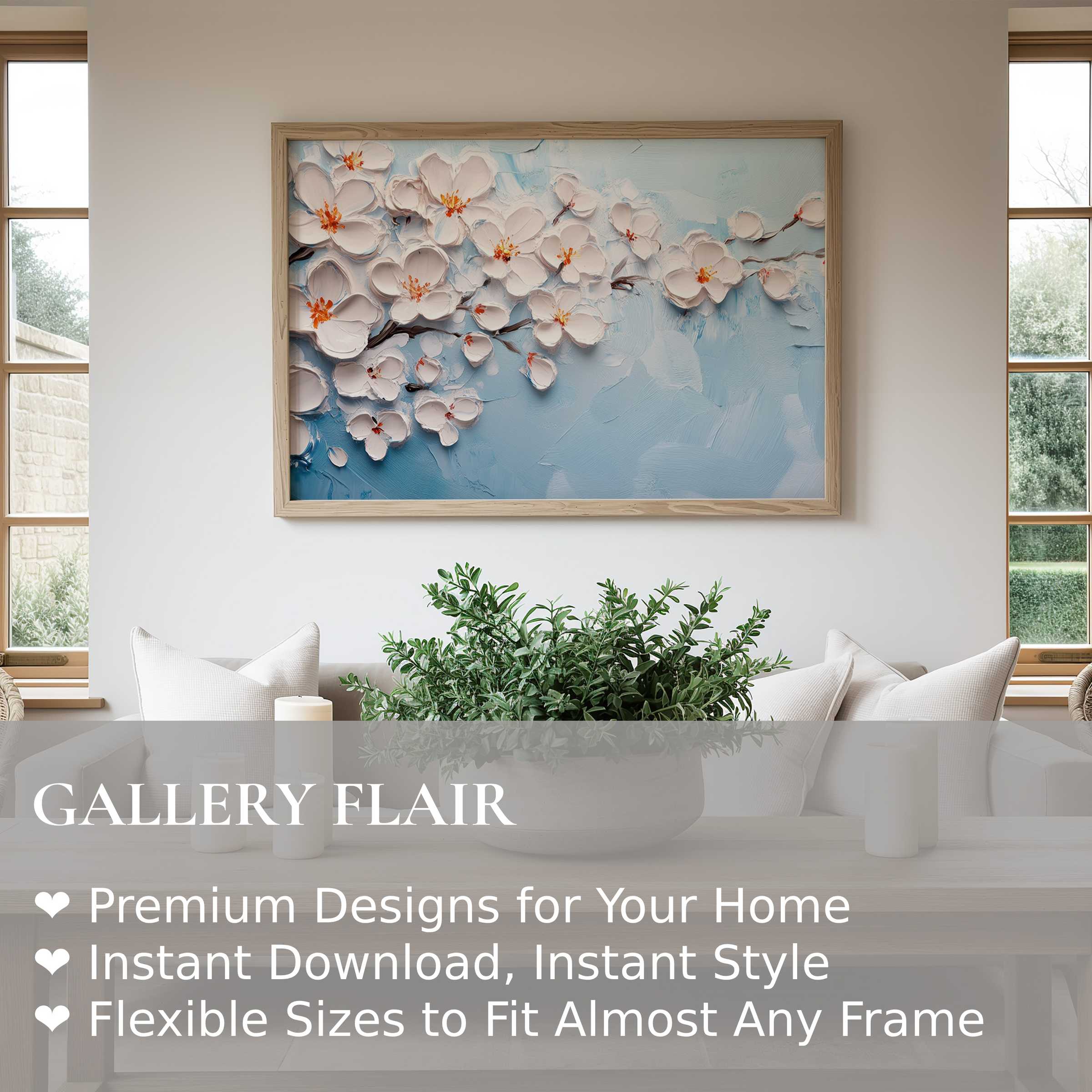 Botanical wall art print with textured white blossoms on a serene blue backdrop, enhancing this modern minimalist living room with calm, refined elegance and natural charm