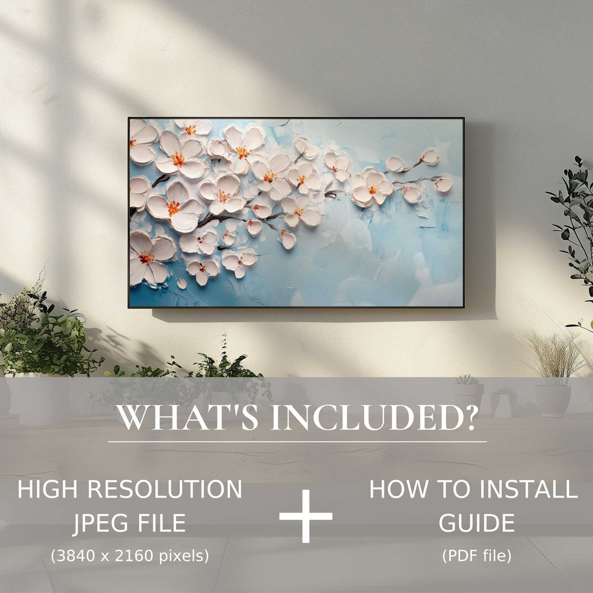 Elegant botanical digital TV art download, instantly elevating living space with easy-to-use high-res floral design