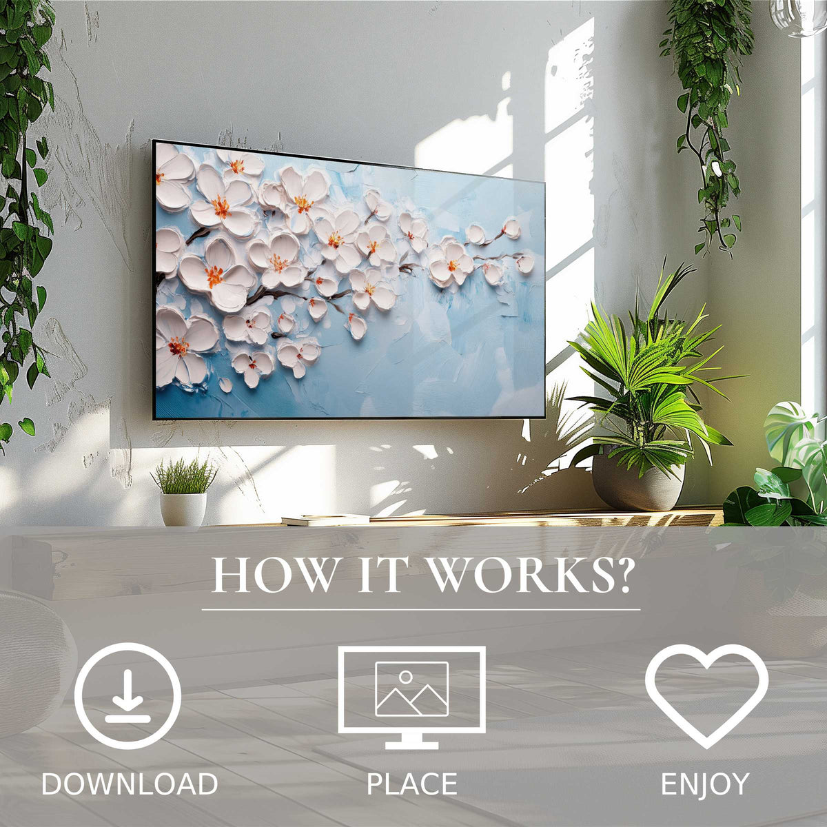 Botanical art for Samsung TV showing soft pastel blossoms, easy digital download enriches your modern living space