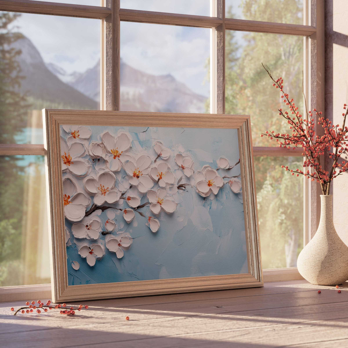 Botanical downloadable art of textured white blossoms on soft blue, evoking serene, curated elegance in modern interiors