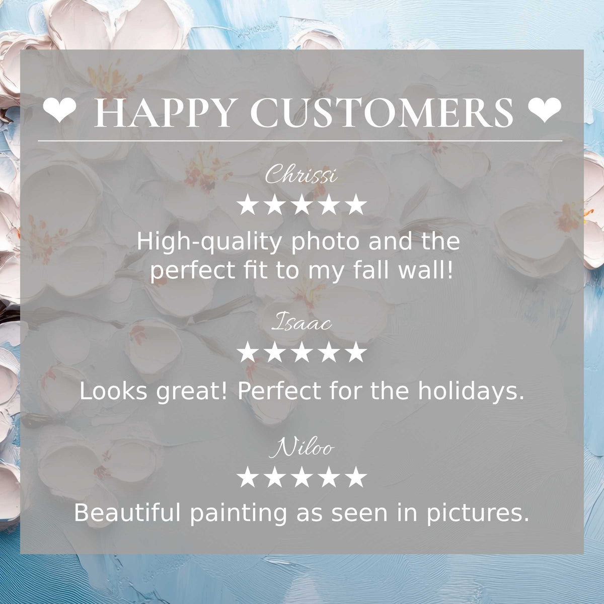 Positive reviews highlight elegant botanical art for Frame TV; abstract blue and beige floral background; happy customer trust built