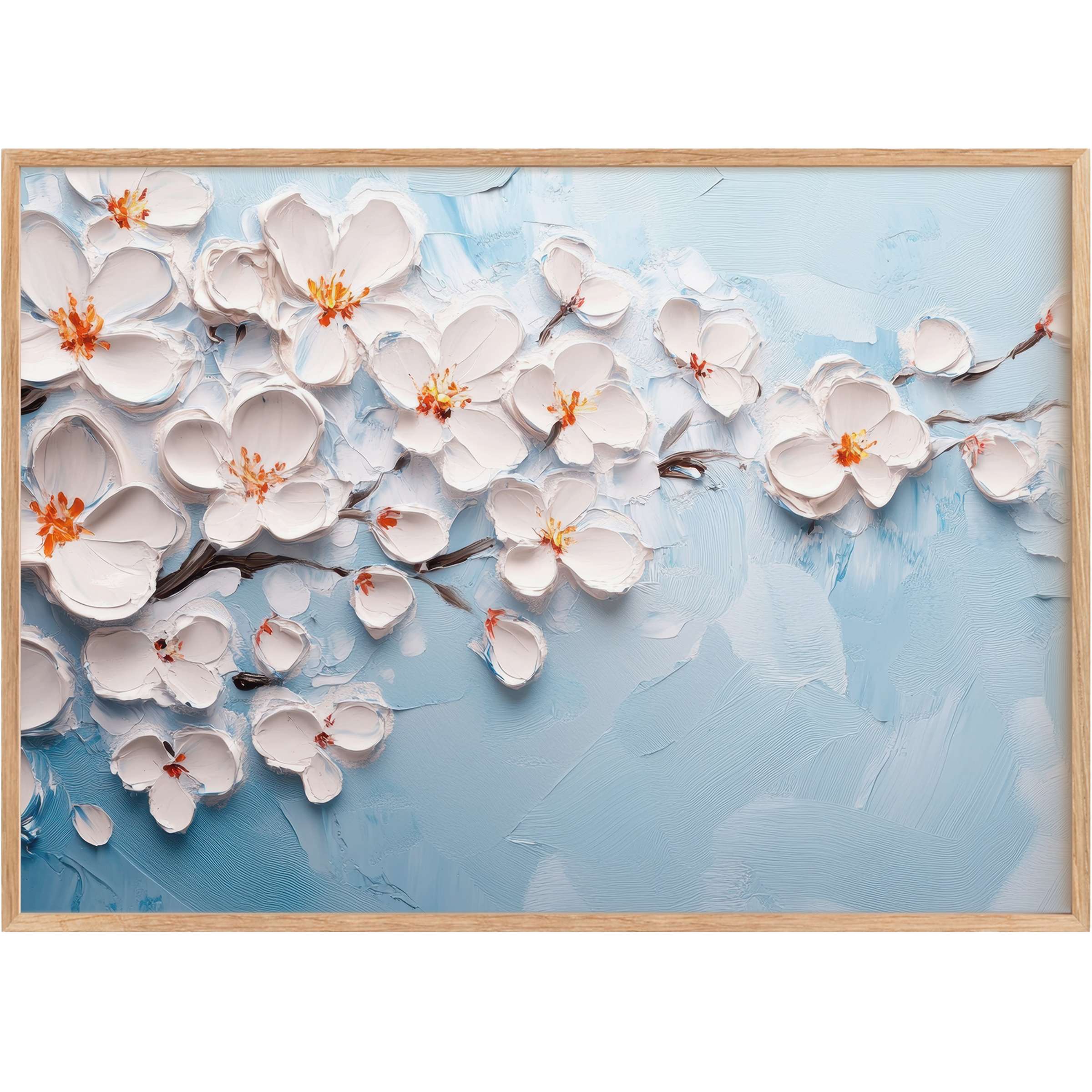 Botanical printable wall art featuring textured white blossoms on serene sky blue, creating a calming, elegant ambiance for refined spaces