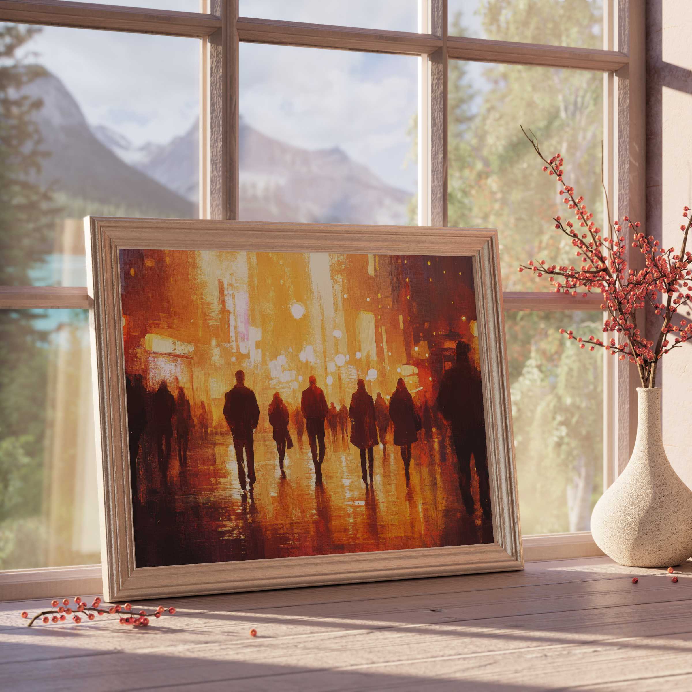 Urban downloadable art capturing a vibrant cityscape where warm amber light and silhouettes inspire curated, tranquil interiors