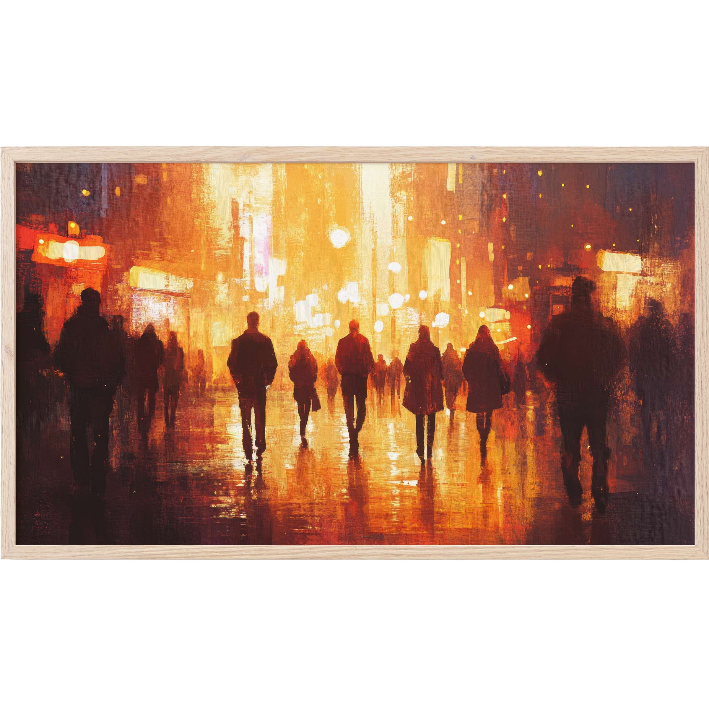 Urban cityscape at dusk with glowing orange lights and silhouettes in a painterly style, urban Frame TV Art