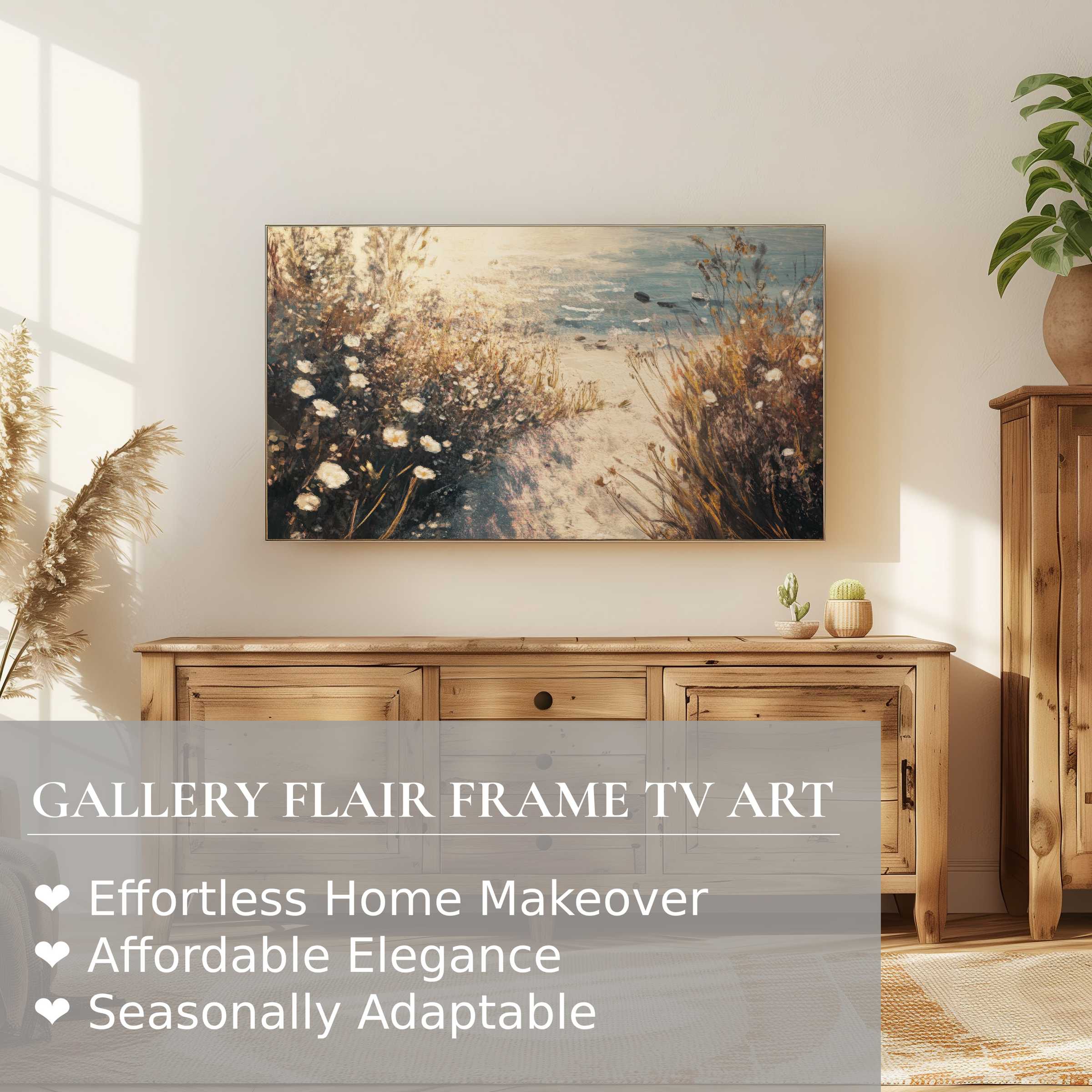 Samsung Frame TV displays coastal digital artwork, blending serene beachscape with modern, elegant home decor style
