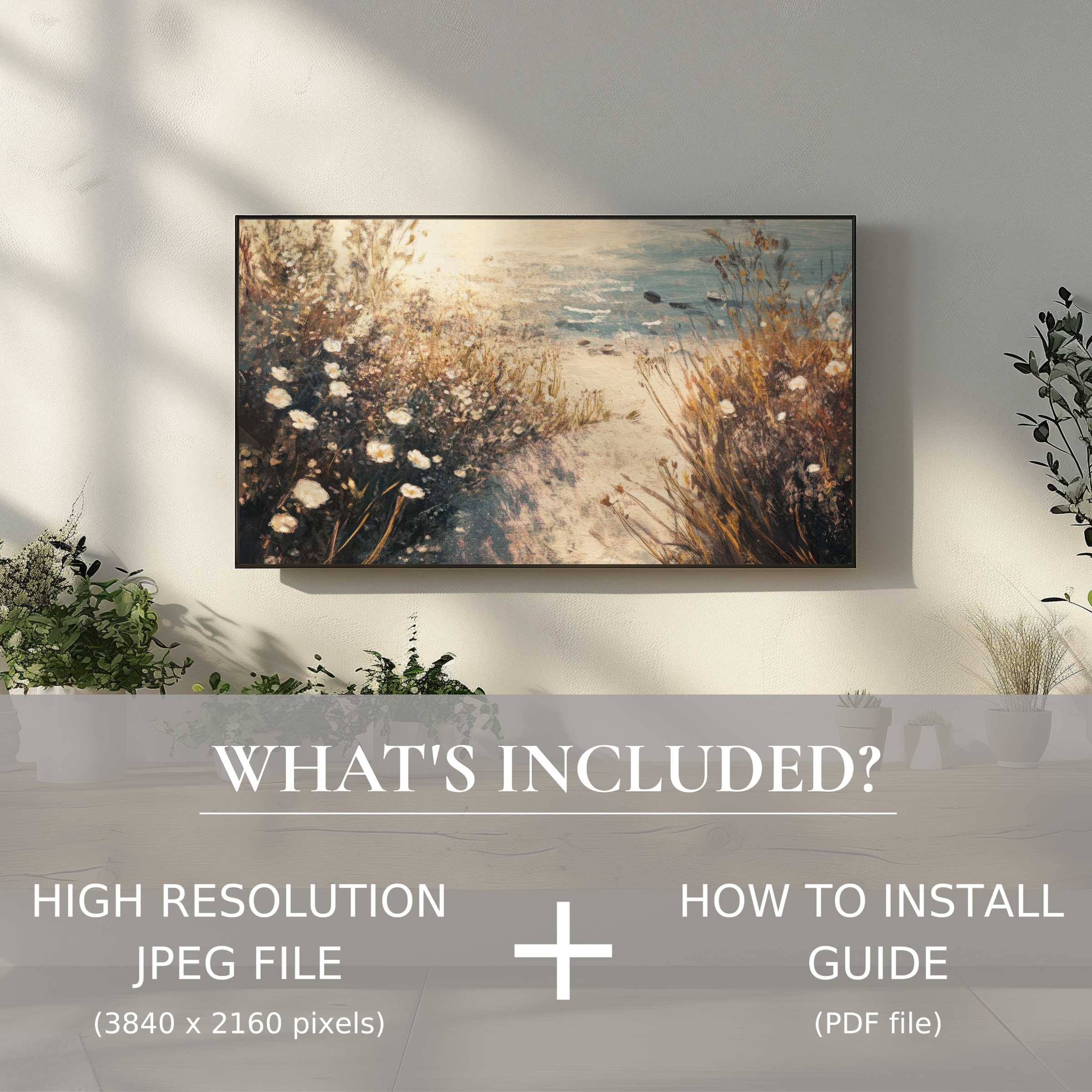 Elegant living room showcasing coastal digital TV art download, easy to use, enriching your modern space with serene beauty