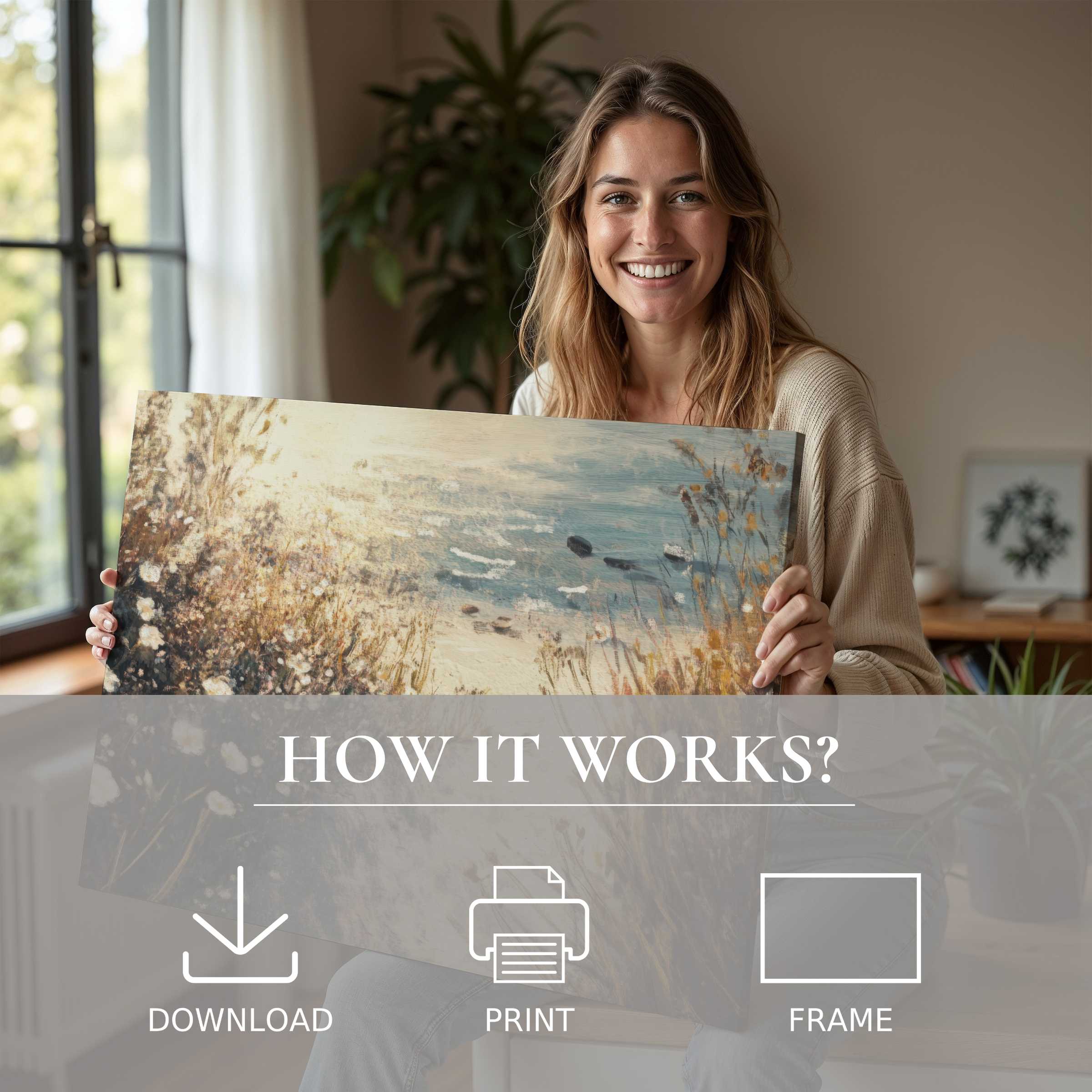 Coastal digital art print bringing serene warmth and effortless elegance, inspiring joyful moments in stylish modern living
