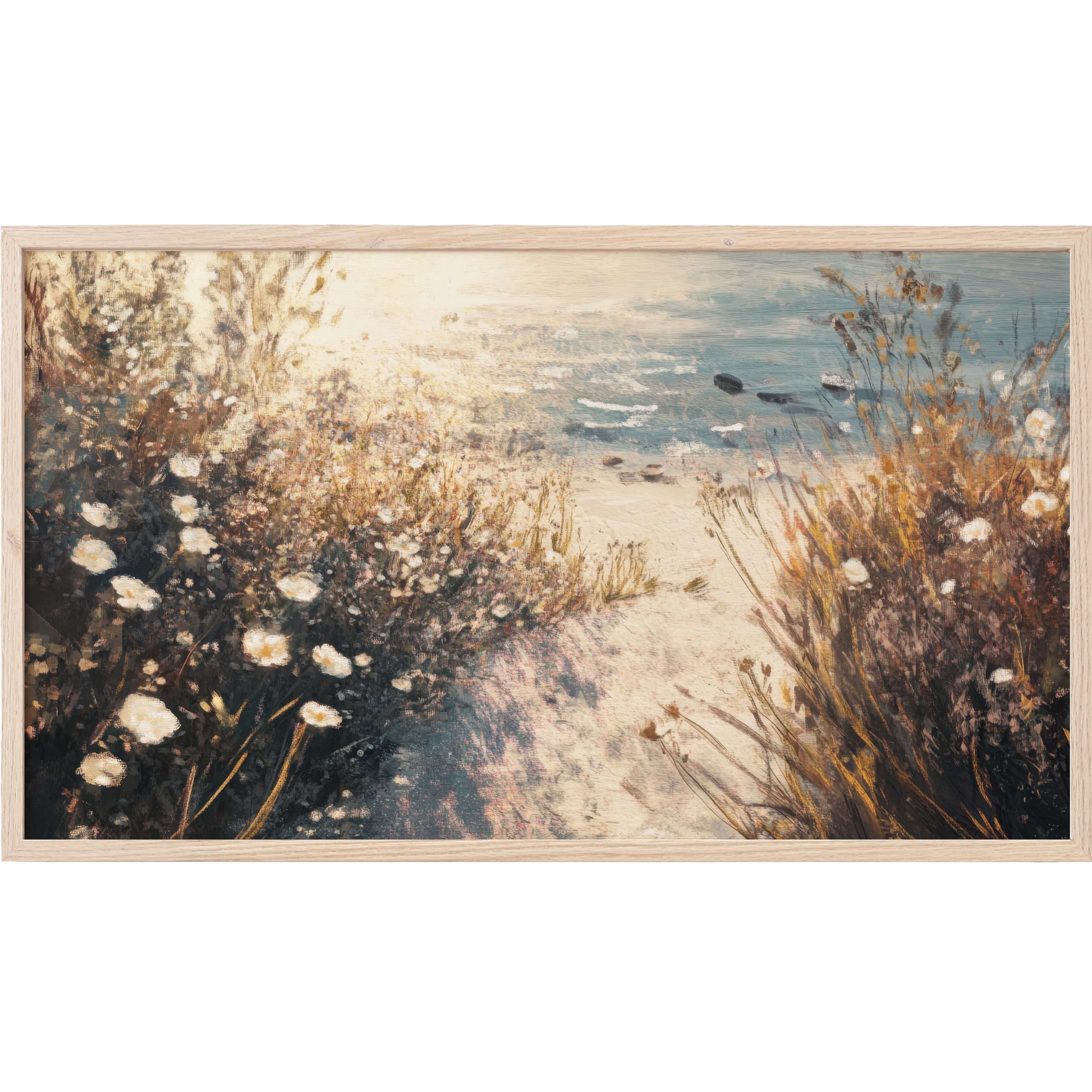 Soft coastal scene with wildflowers and sandy path, warm earth tones and muted blues in coastal Frame TV Art