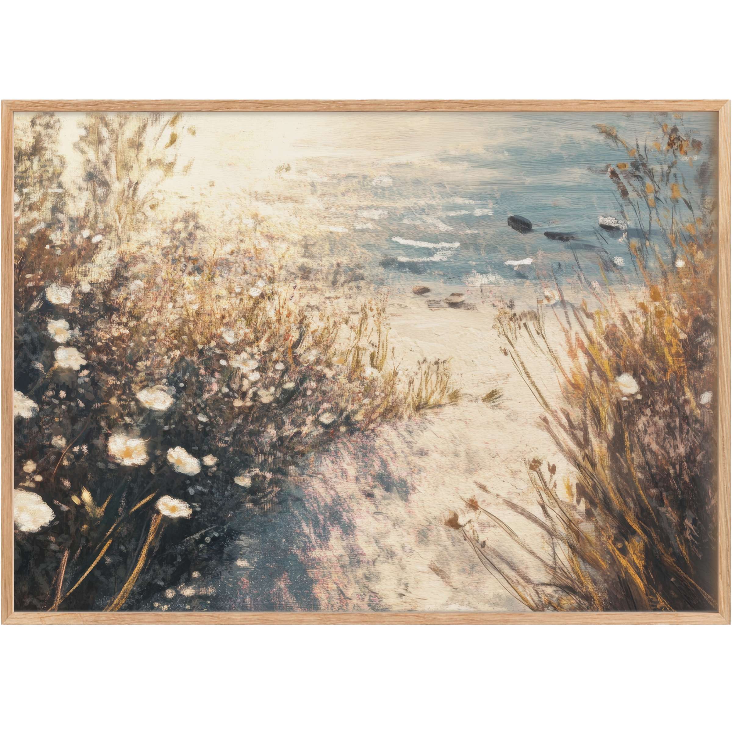 Coastal printable wall art capturing a serene beach path, bathed in soft beige and muted blue tones for a calming, elegant ambiance