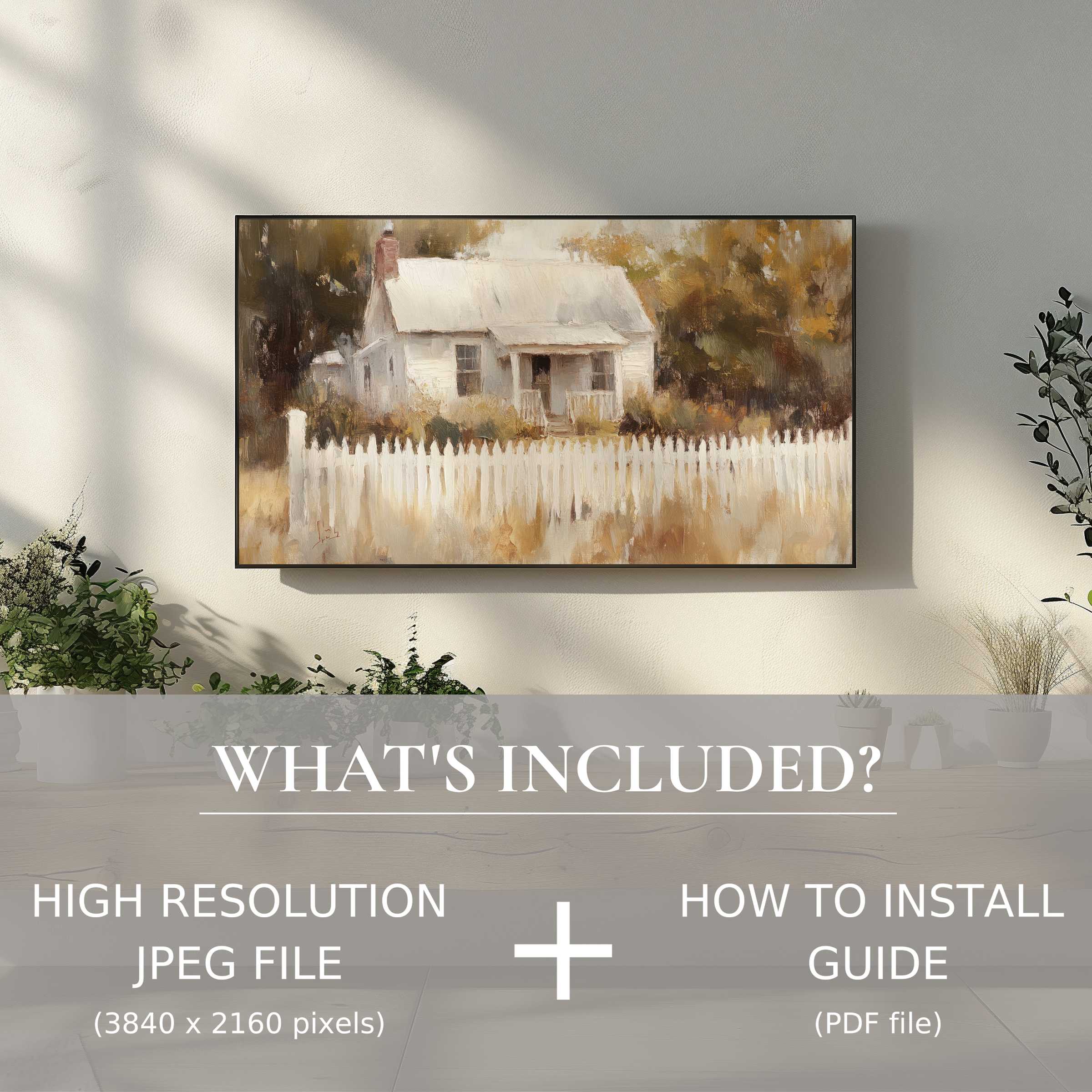 Elegant farmhouse digital TV art download, easy to use, transforms living spaces with warm, timeless charm and modern style