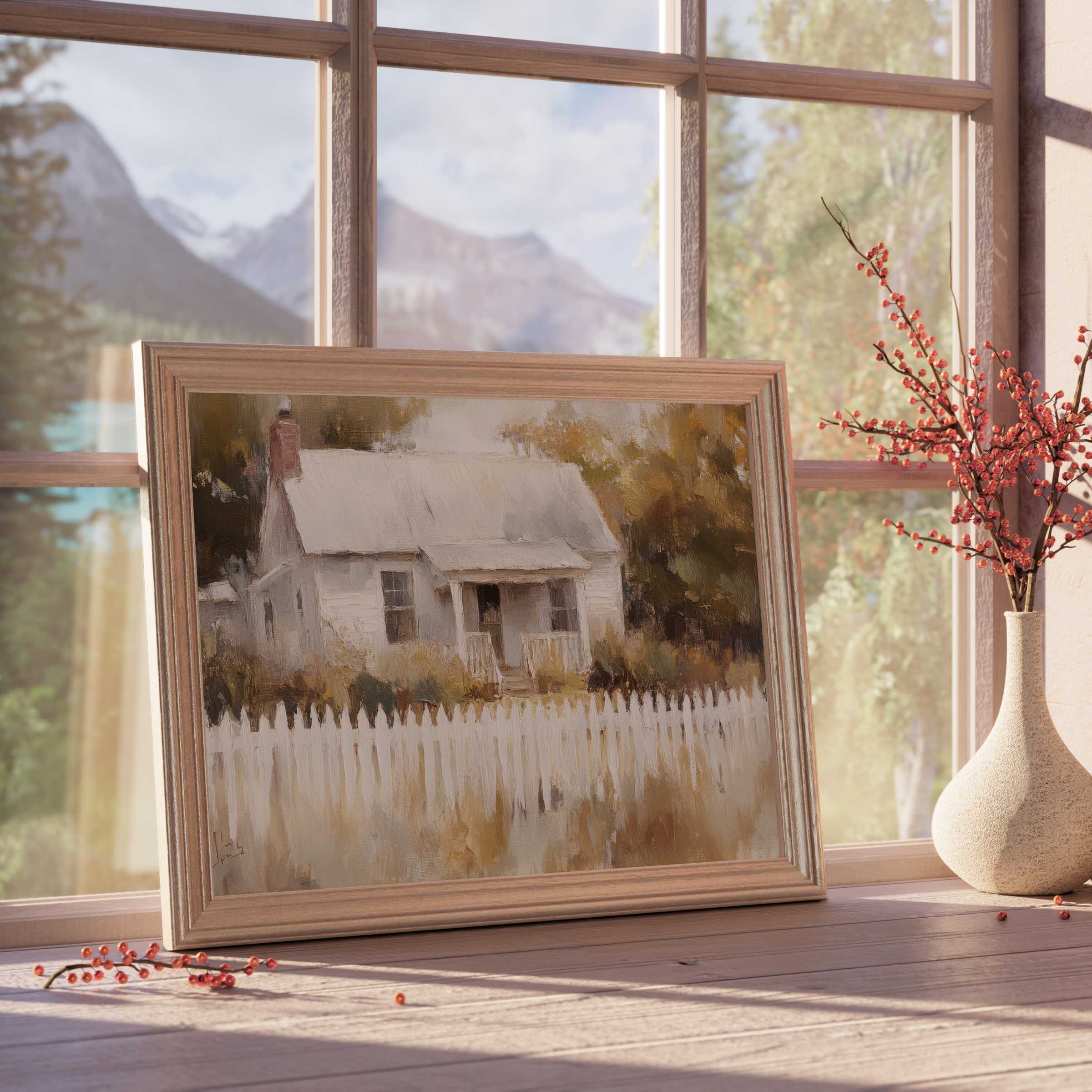 Farmhouse downloadable art exuding warm rustic charm with a soft palette, perfect for curated, tranquil interiors
