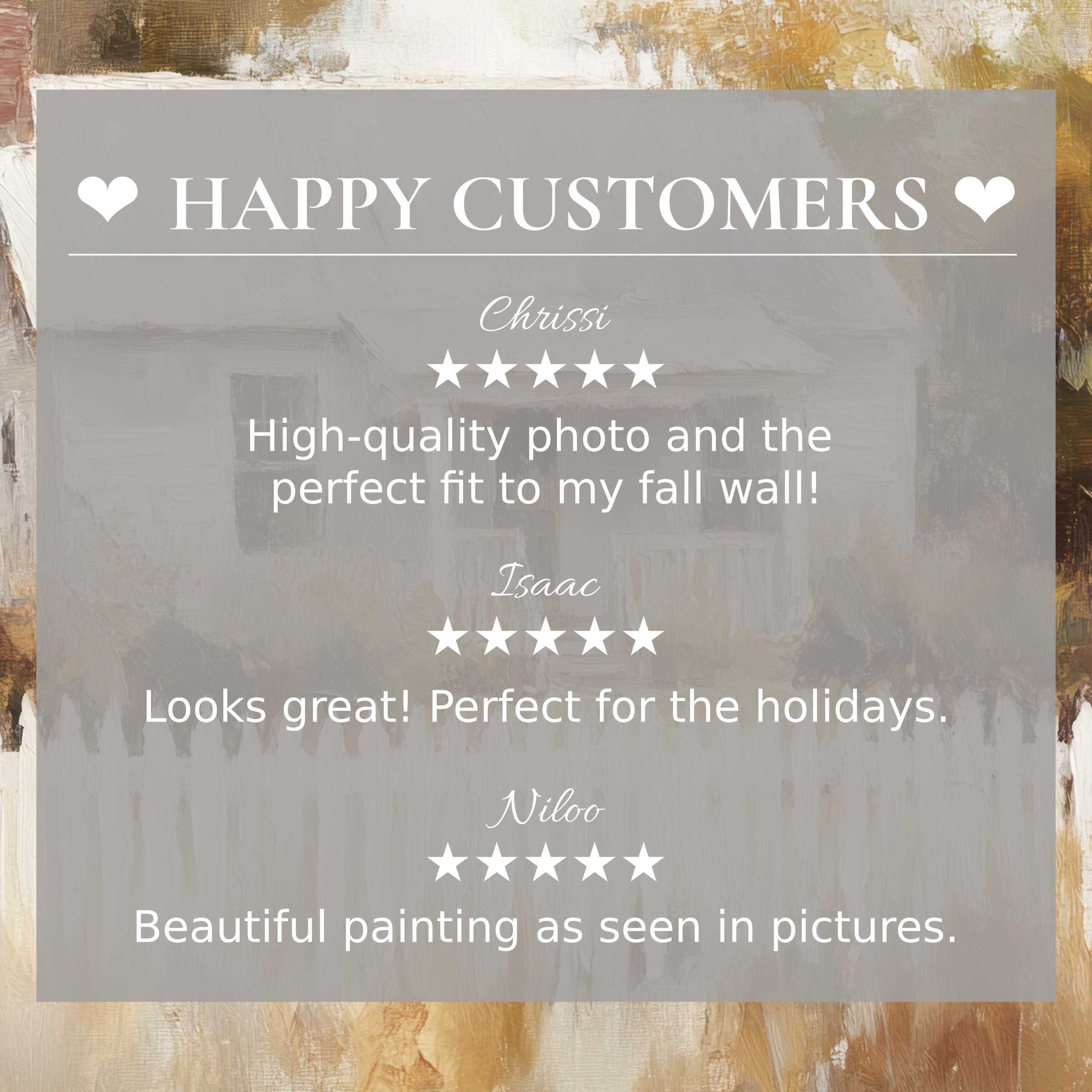 Farmhouse art for Frame TV with abstract warm tones, showcasing happy customer reviews and elegant, trustworthy design