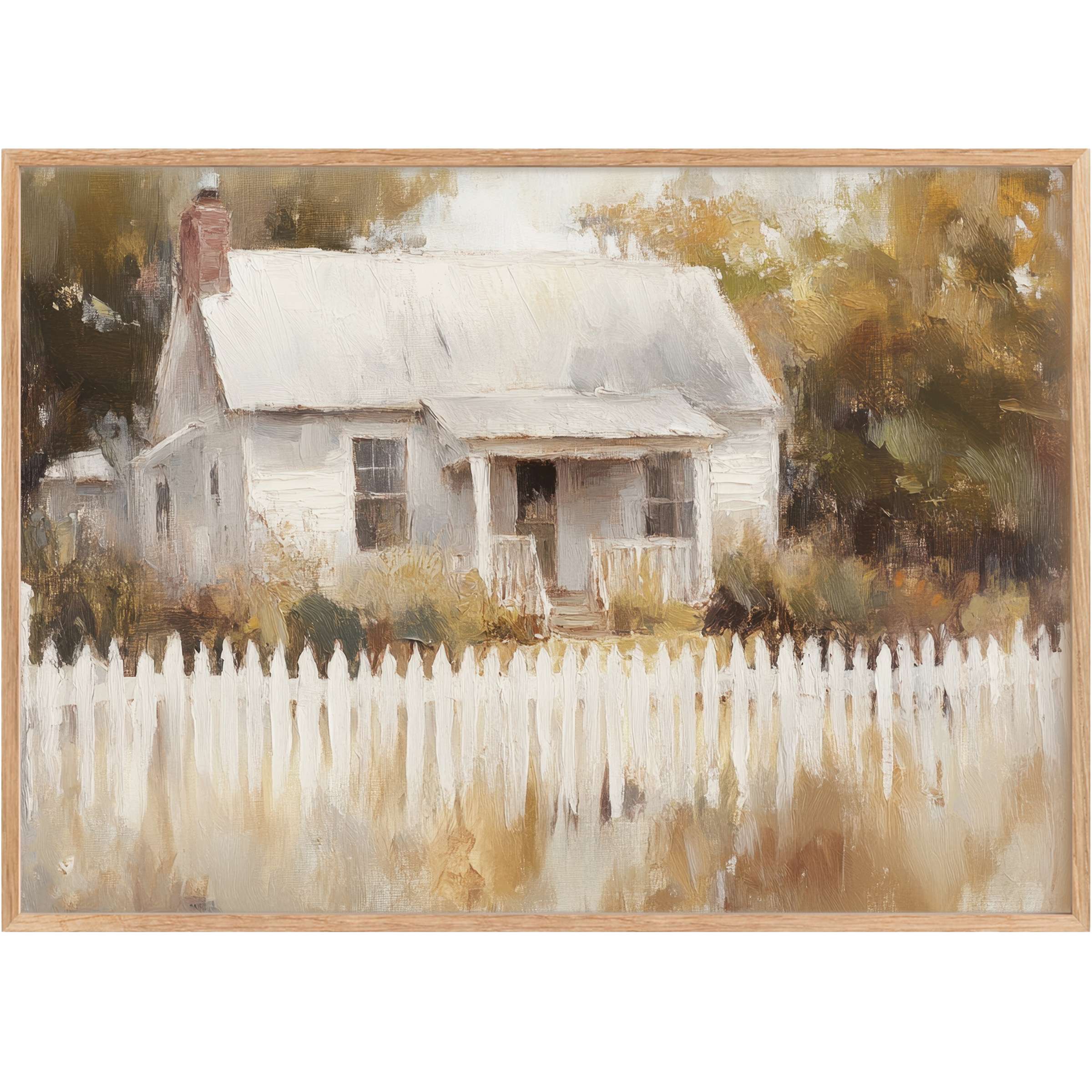 Serene farmhouse printable wall art featuring a quaint white cottage and picket fence, evoking warm, rustic tranquility