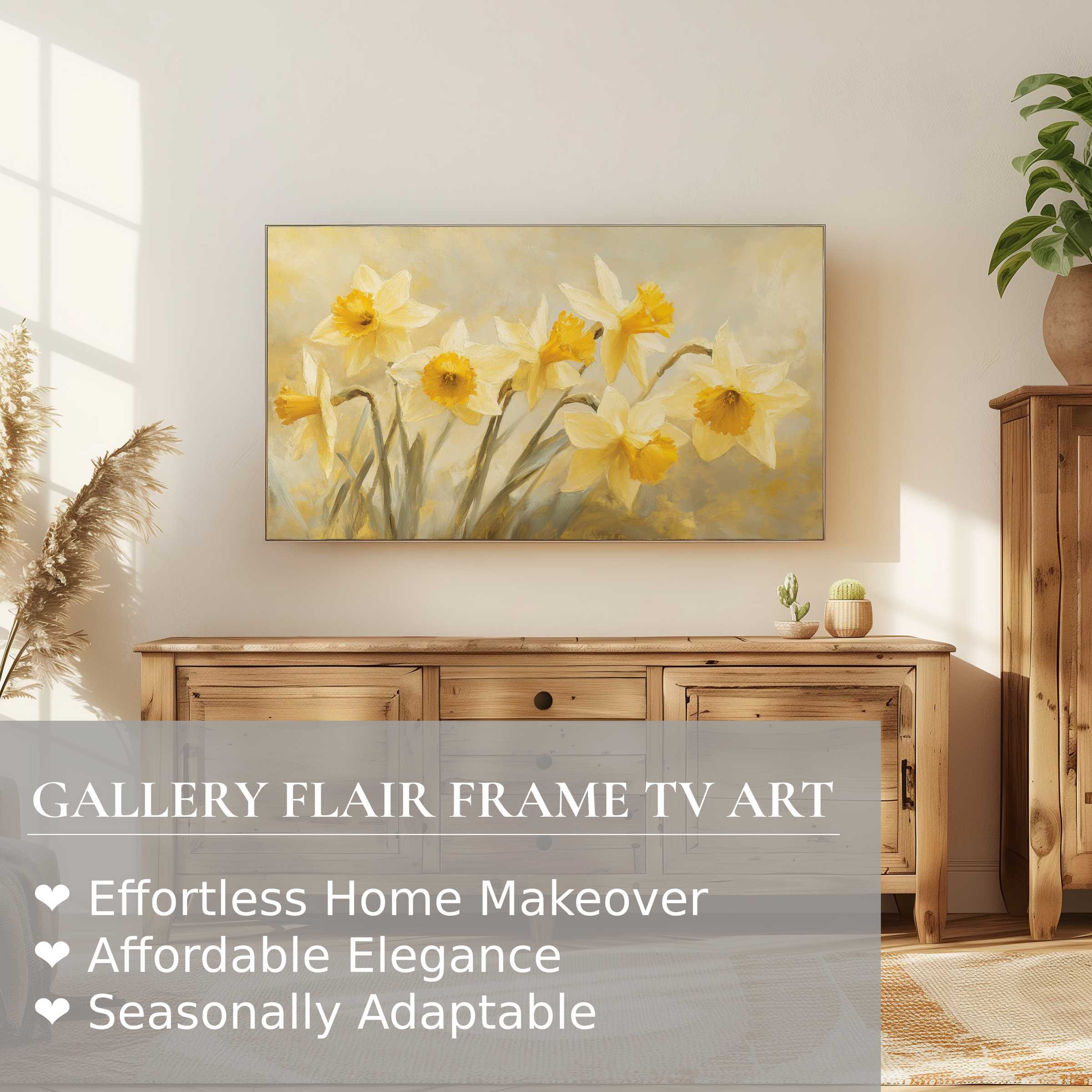 Samsung Frame TV displaying soft, elegant spring digital artwork of daffodils in a warm, modern living space